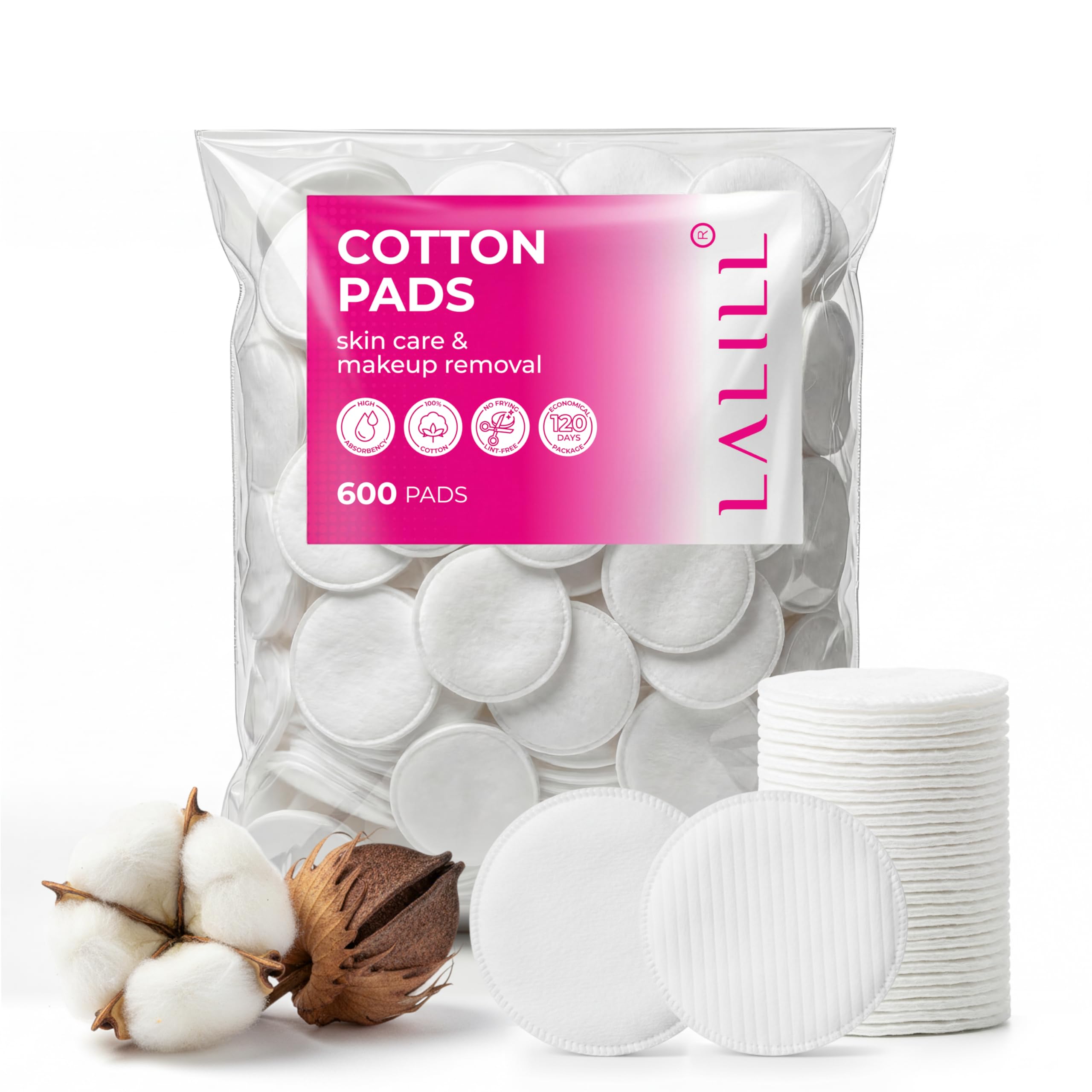 LALILL Wattepads aus Baumwolle 600 Stück - Fusselfreie Abschminkpads für Gesicht & Augen - Effektive Gesichtsreinigung - Cotton Pads Geeignet für Empfindliche Haut