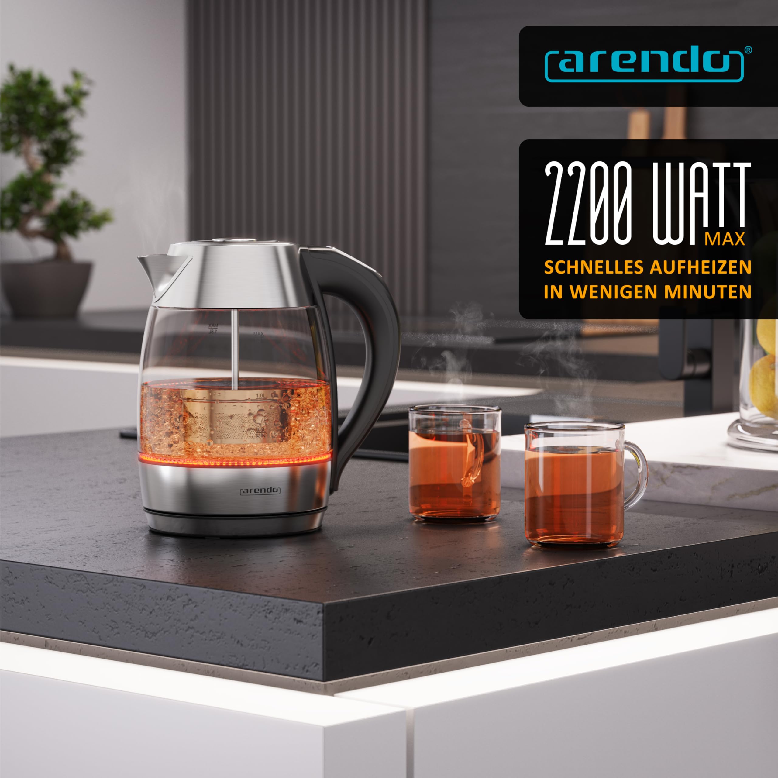 Arendo - Glas Wasserkocher mit Temperatureinstellung - Edelstahl - temperaturabhängige LED Beleuchtung - 2200 W - 1,8 L – 2 Deckel (1x mit und 1x ohne Teesieb) – Kalkfilter – Warmhaltefunkti