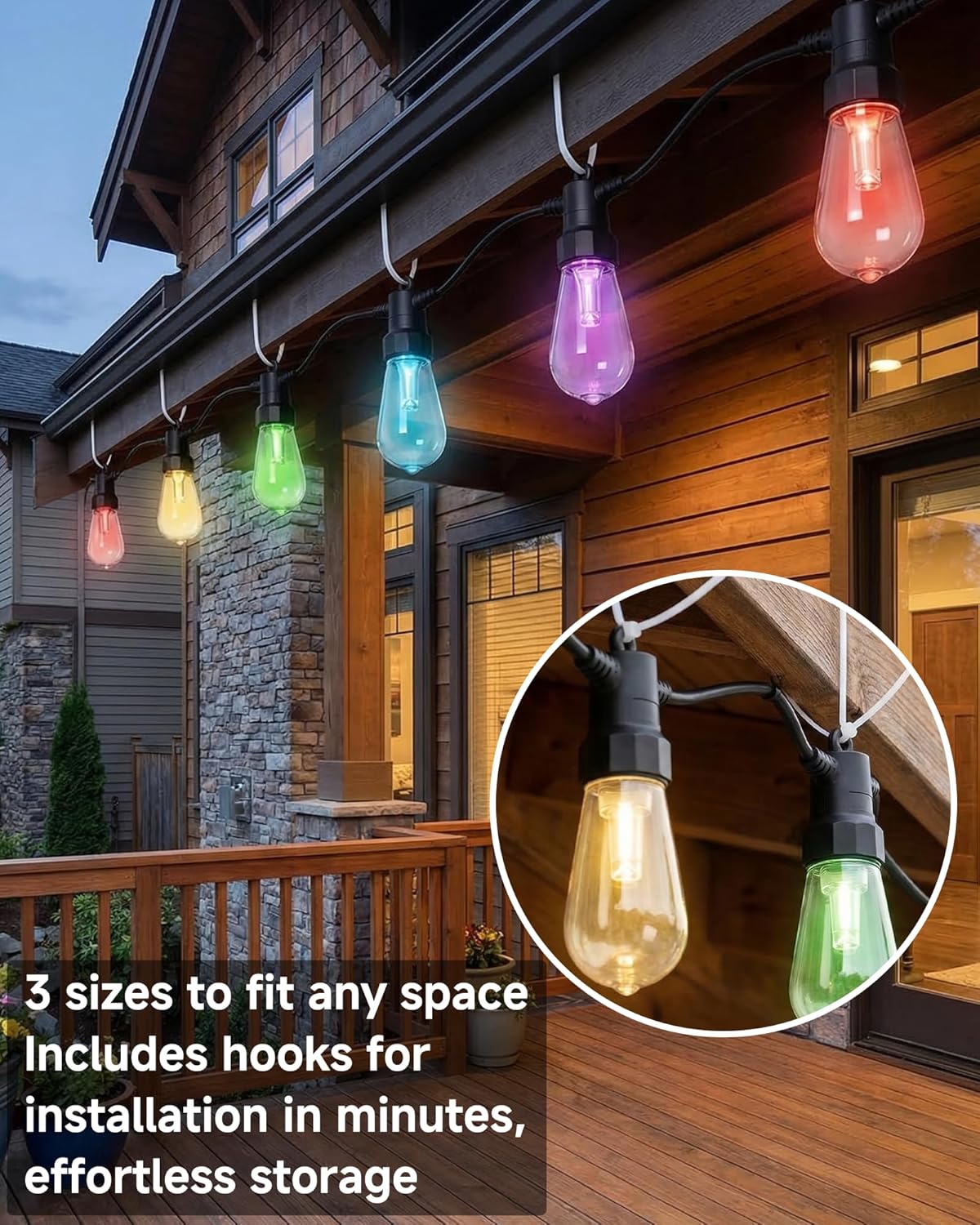 50FT Smart Outdoor String Lights, Color Changing ST48 Multi-color LED Patio Lights with Music Sync, Magic Lantern App & Remote, IP65 Waterproof Shatterproof Outdoor Lights for Cafe Bistro Backyard