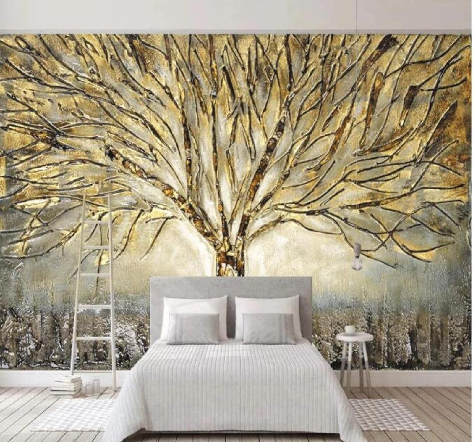 Xlming 350Cm×256Cm(B×H) Abstract Art Relief Gold Trees 3D Wallpaper Luxury Silk Study Dining Feature Sofa Grey Bedroom Living Room Tv Decorative Wall-350Cm×256Cm