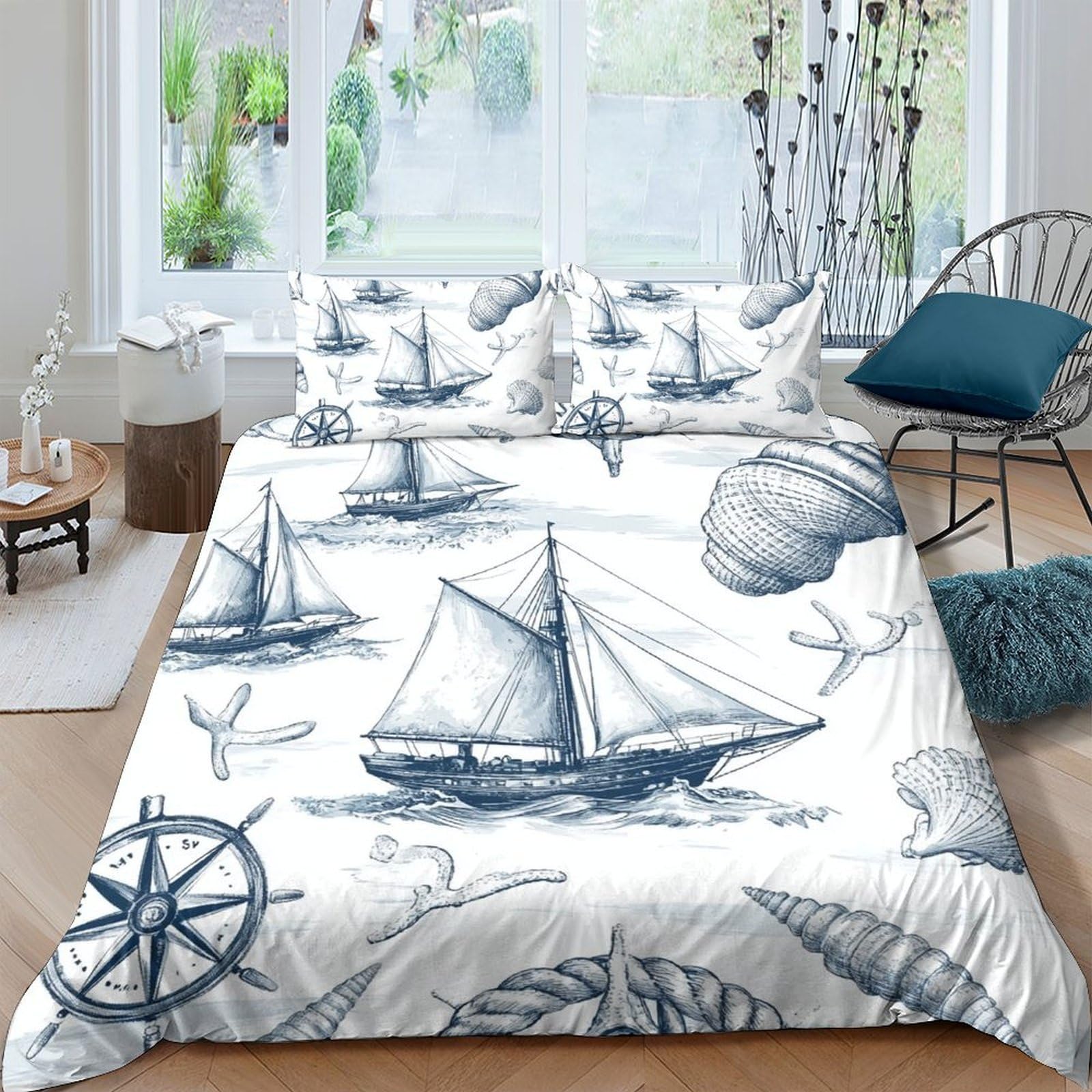 Ctjqhvkz Style-6 3D Printed Nautical Sailboat Fitted Sheet Microfiber Soft Breathable Ocean Compass Bed Cover For Bedroom Guestroom Decor Single（135X200cm）