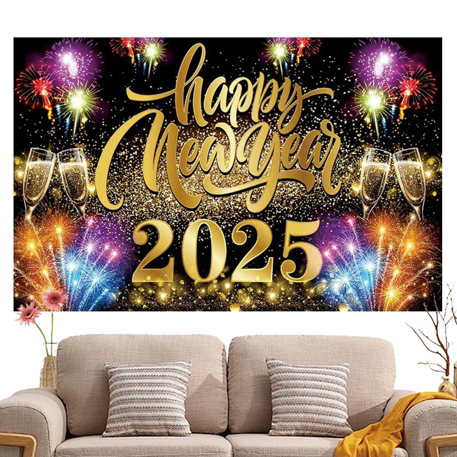Striscione stampabile di Buon Anno 2026, Ghirlanda di Capodanno, Decorazioni per la festa di Capodanno, Coriandoli e lettere nere, Decorazioni di