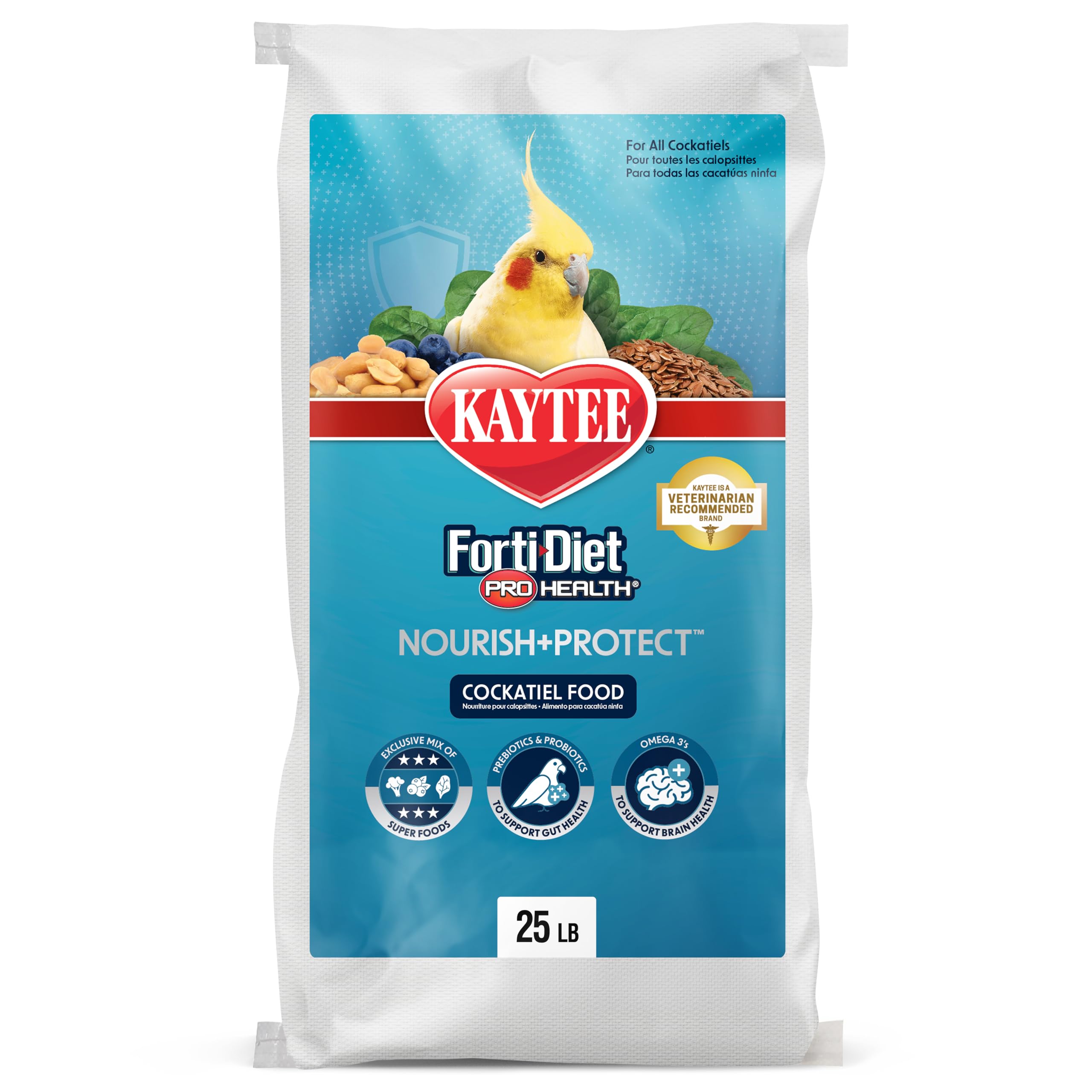 Kaytee Forti-Diet Pro Health Nourish+Protect Cockatiel Food, 25 lb | Digestive support daily. Parrot food for cockatiels. Prebiotics, probiotics, bird feed