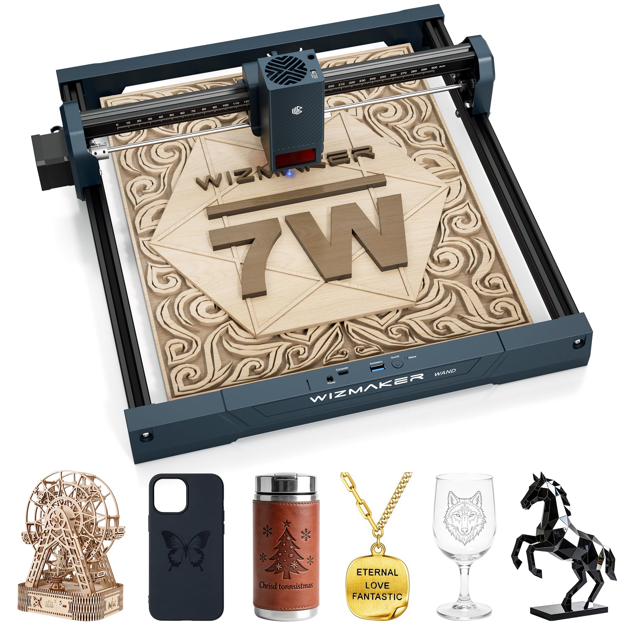 Incisore laser, 7 W, area di intaglio 300 x 300 mm, velocità di elaborazione 10000 mm/min, compatibile con Lasergrbl&Lightburn, livello di sicurezza classe 4, adatto per casa/studio