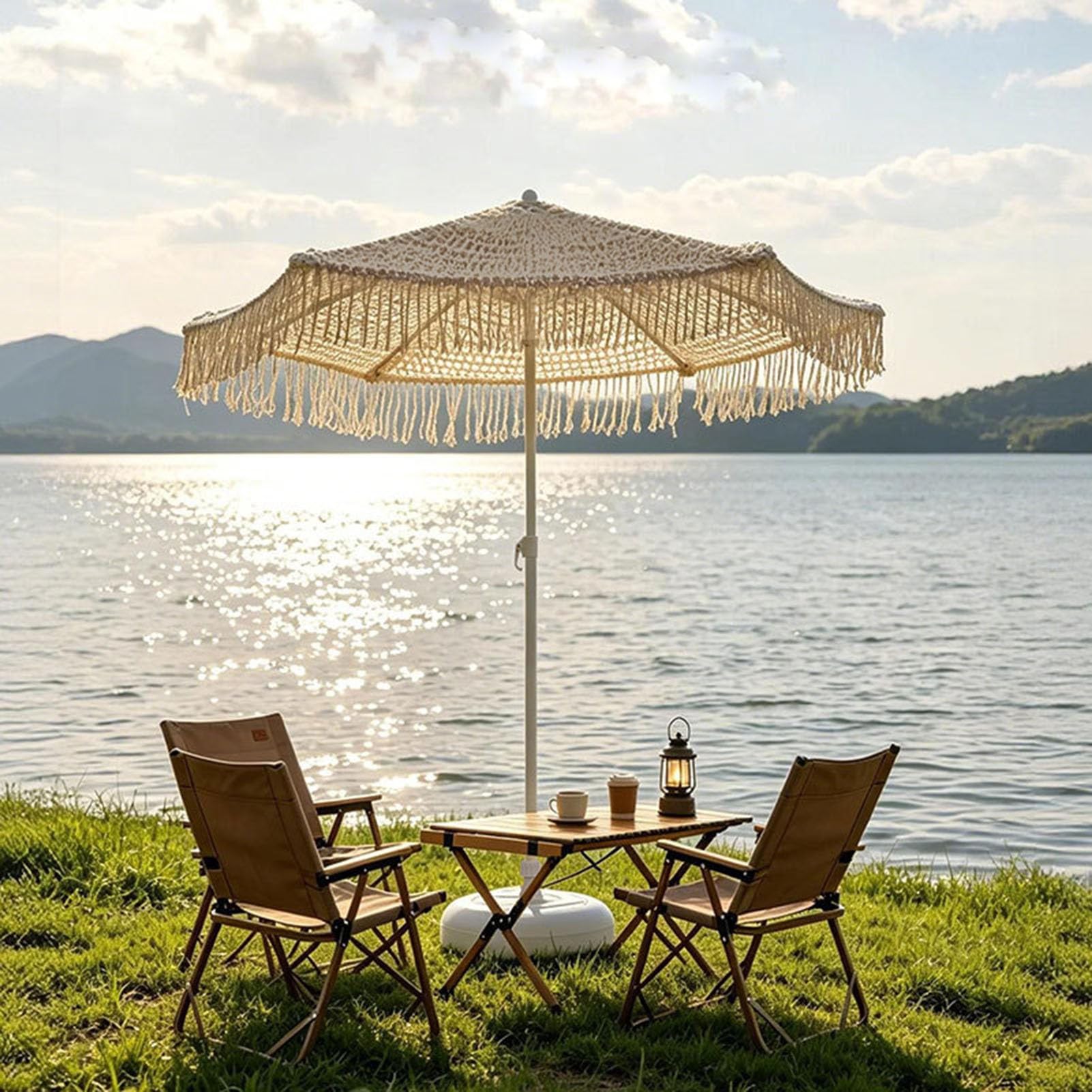 Ombrellone da Esterno Boho con Frange da 200 Cm, Rete Intrecciata A Mano, Ombrellone da Spiaggia con Nappe per Piscina, Giardino, Cortile, Decorazione Tropicale.