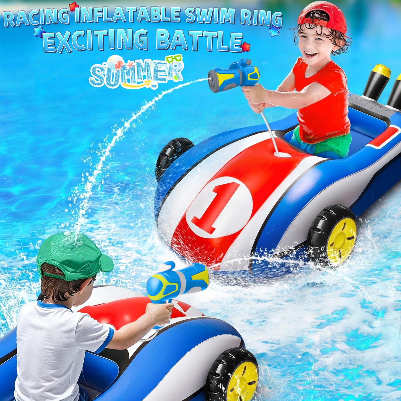 Shinybox Pływaki basenowe dla dzieci z pistoletem na wodę, pomoc w pływaniu Go-Kart dla dzieci, nadmuchiwany pływak do letnich gier wodnych