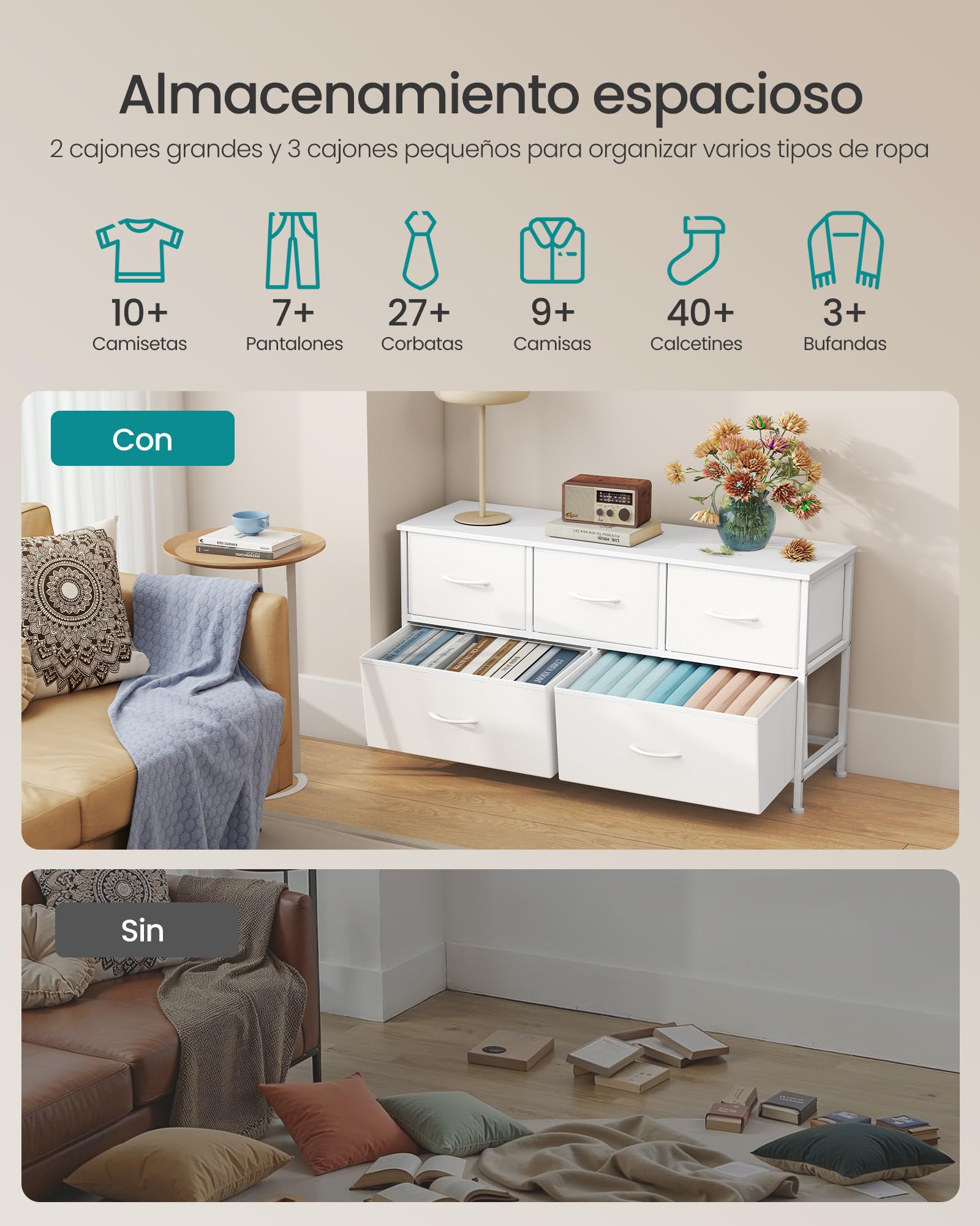 SONGMICS BELLAH Colección - Cómoda, con 5 Cajones para Dormitorio, Mueble de Almacenaje, Acero, MDF, Tela no Tejida, para Dormitorio, Armario, Recibidor y Salón, Blanco Nube y Blanco Nieve LGS322WH01
