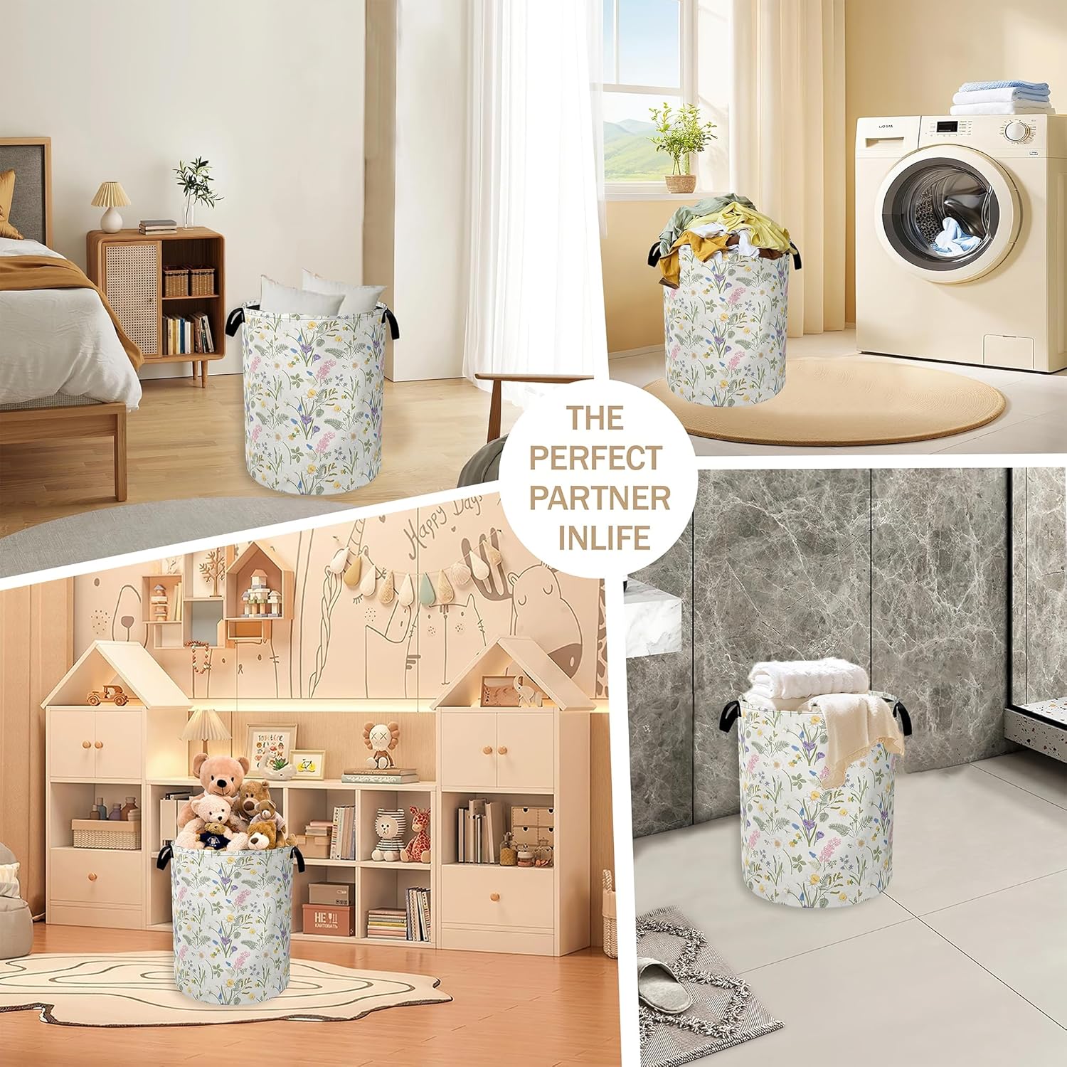 Collapsible Laundry Basket,Wildflower Dirty Clothes Hamper,Colorful Floral Leaves Hampers for Bedroom Waterproof Oxford Cloth Storage Organizer for Bathroom,Nursery,Dorm,16x20 Inch