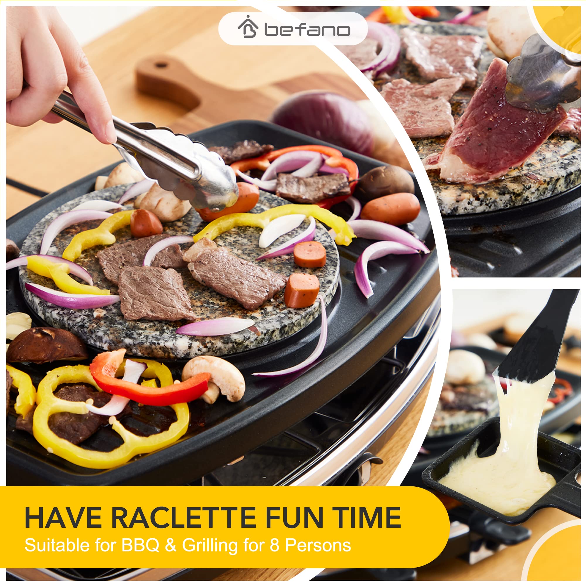 Befano Elektrischer Raclette-Grill mit Fondue-Topf-Set, tragbarer koreanischer Tischgrill für Käse, mit zwei verstellbaren Thermostaten, ideal zum Servieren von 8 Personen, perfekt für