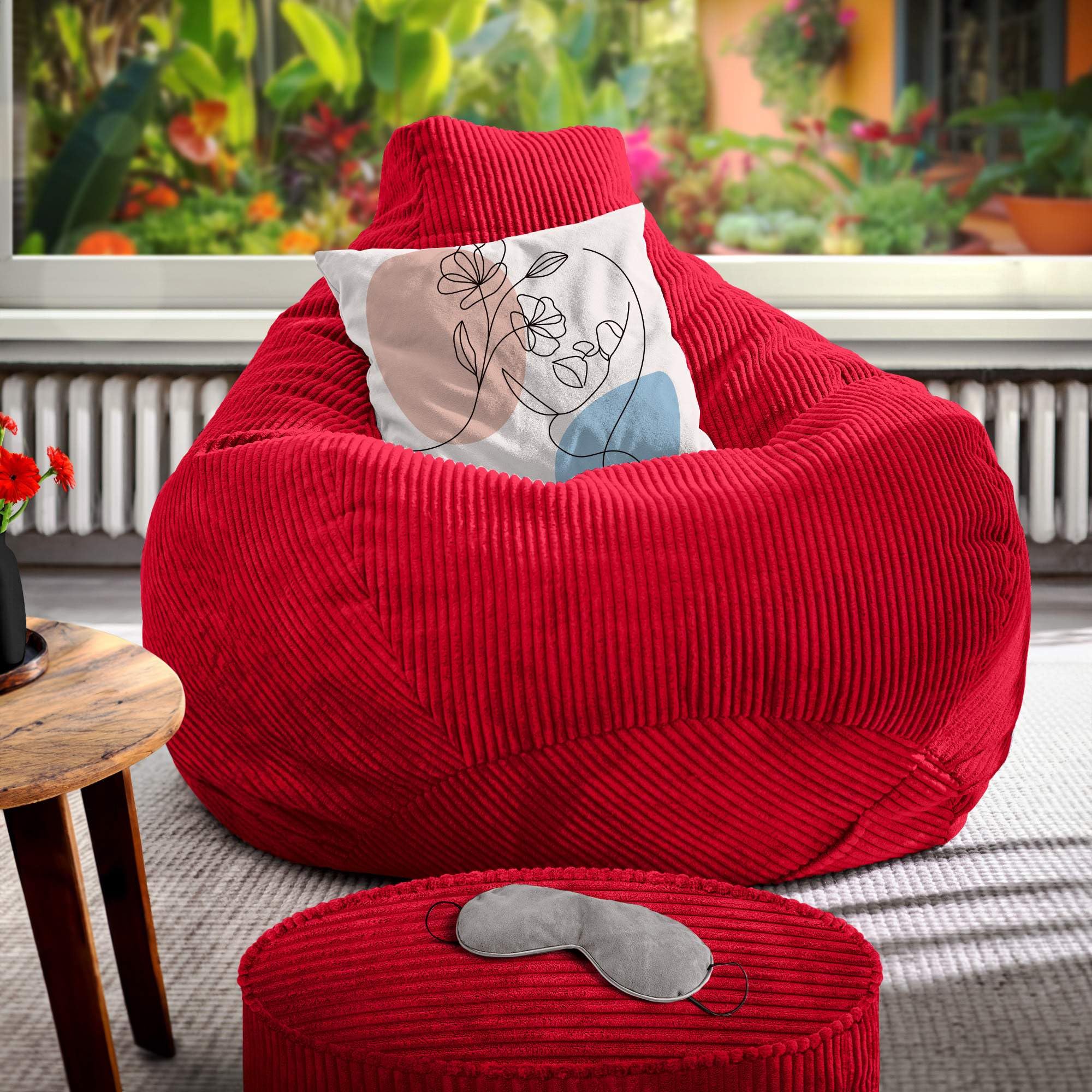 Green Bean© Pouf avec Tabouret en Velours côtelé - Pouf pour Salon, Chambre à Coucher - Fauteuil pour Adulte - Rouge - Environ 230 l - Rembourrage : 90 x 80 x 80 cm et 45 x 25 cm