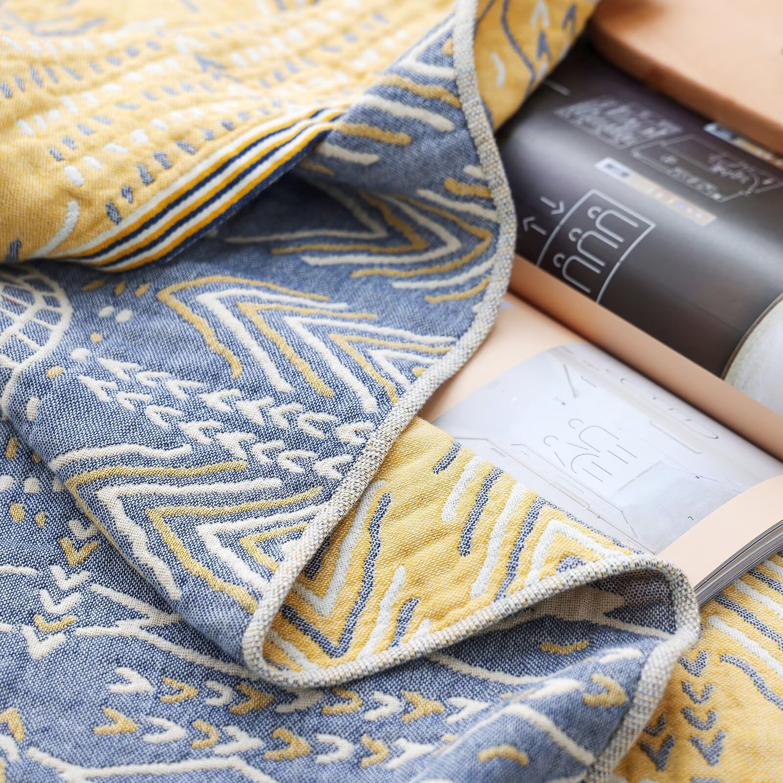 Boho Plaid - Manta reversible ligera 100% algodón para todas las estaciones, suave y transpirable, perfecta para cama, sofá y granja, flores, edredón
