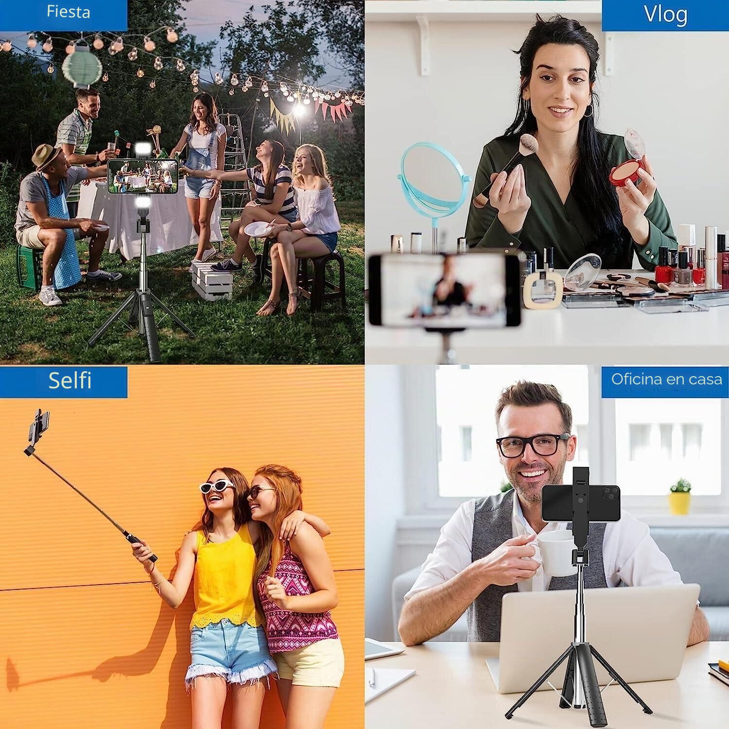 Triángulo de palo selfie de 41 pulgadas con luces de relleno recargables, extensible con control remoto Bluetooth, acero inoxidable, 3 modos, 9 niveles de brillo