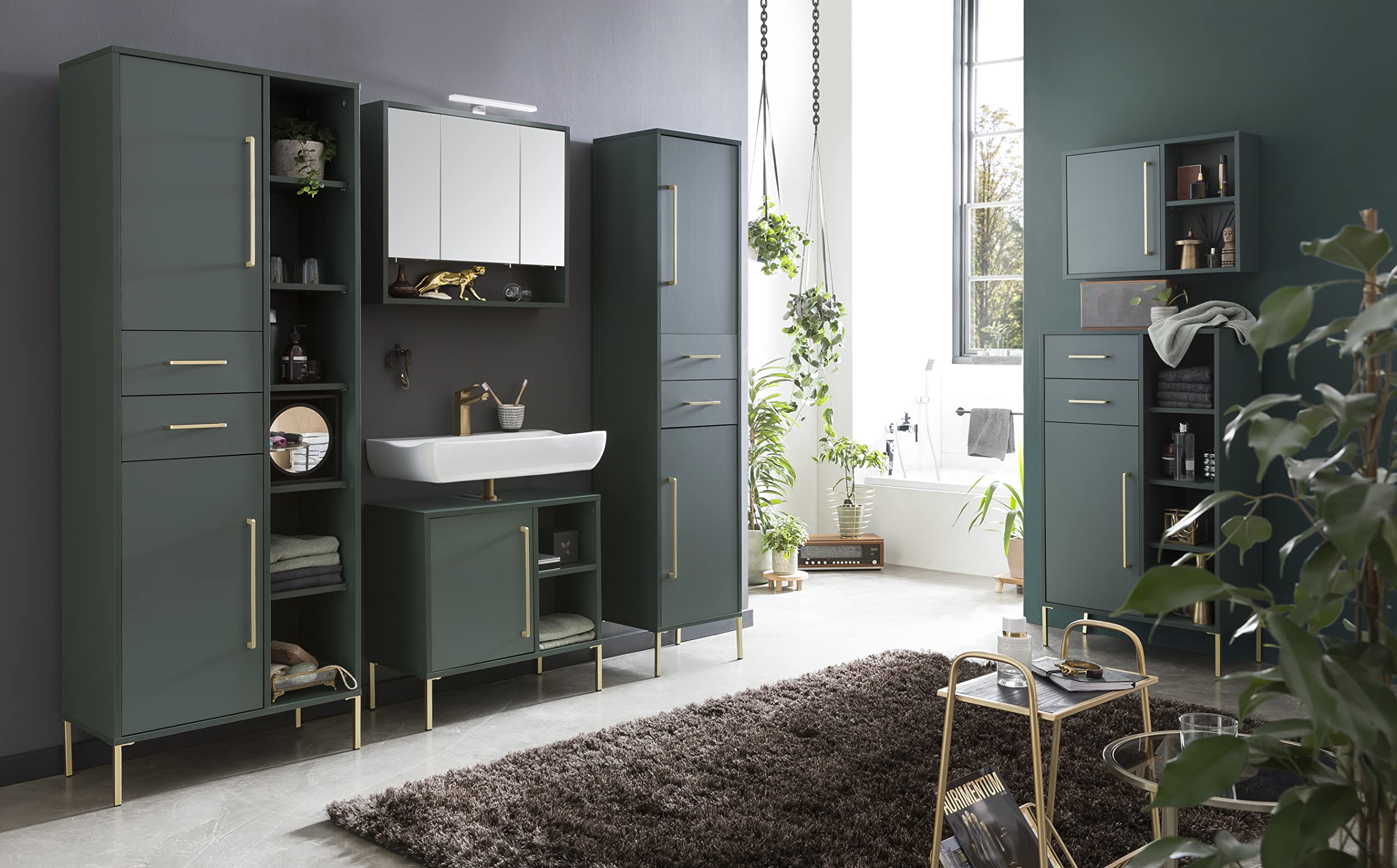 Schildmeyer Kent Highboard 151130, waldgrün/Gold, 67,1 x 33,1 x 117,4 cm
