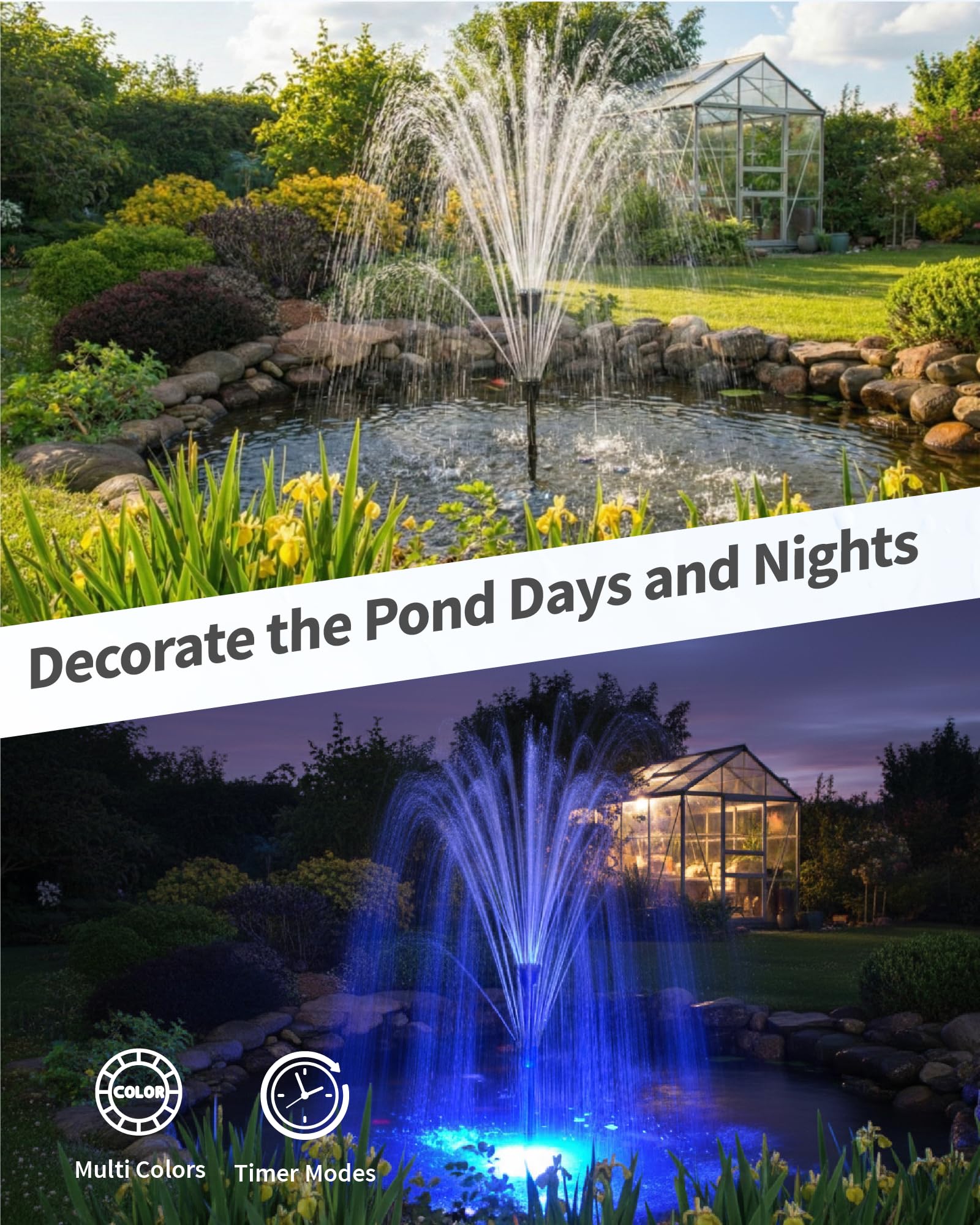 POPOSOAP Fuente para Estanque con Luces RGB - Bomba Sumergible 40W, Caudal 2100 l/h, Altura y Caudal Ajustables para Decoración Diurna y Nocturna del Estanque y Mejora de la Calidad del Agua