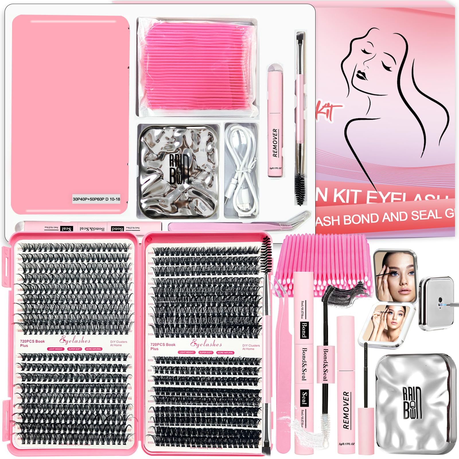 Qiveaory DIY Lash Extension Kit with 720pcs Lashes Clusters,1X/2X Magnification Compact Mirror with Light,Lash Bond and Seal,Eyelash Remover Tweezers Applicator Mascara Brush(10-18mm,30-60D Curl)