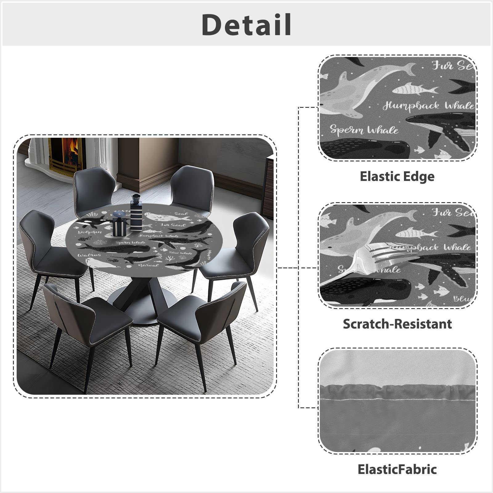 Marine Dolphin Killer Whale Narwhal Walrus Ocean Undersea Water Round Tablecloth with Elastic Edge, Washable Waterproof Table Cover Desk Cloth for Dining Indoor & Outdoor 40