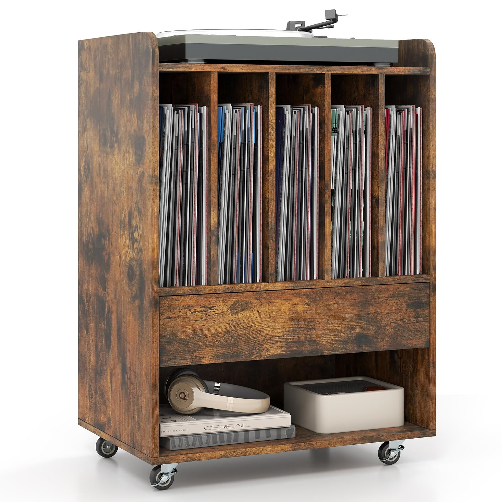 KOMFOTTEU Meuble Platine Vinyle avec roulettes, Meuble Tourne-Disque, 5 Compartiments, Tiroir, Étagère inférieure et Crochets, Armoire pour jusqu'à 180 Albums, 52 x 35,5 x 73 cm (Marron)