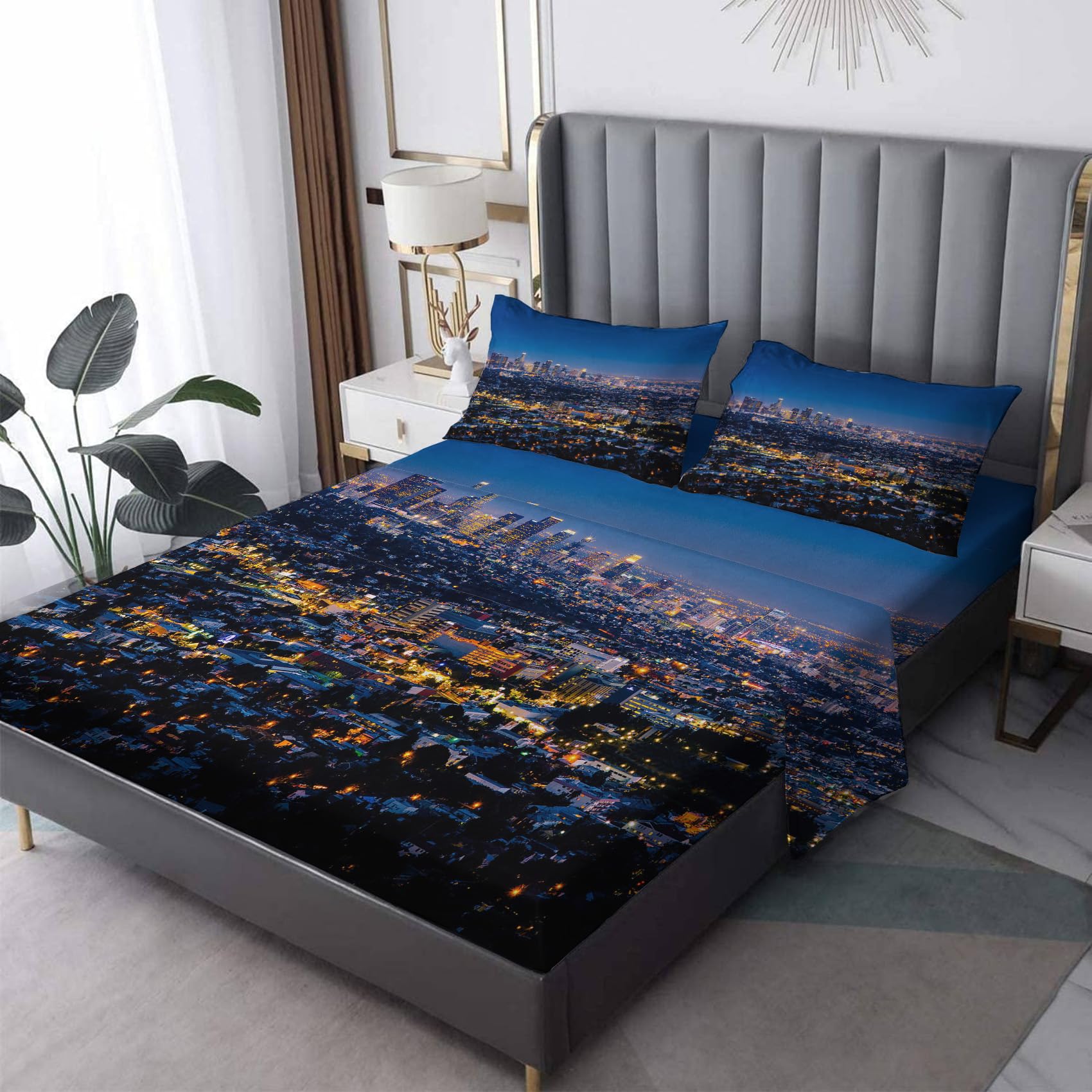 New York Sheets Queen Size, Cityscape Bed Sheets, Patterned Bedding Sheets & Pillowcases 4 Piece Set - Soft Microfiber Deep Pocket Fitted Sheet & Flat Sheet & 2 Pillow Cases K1-&-127