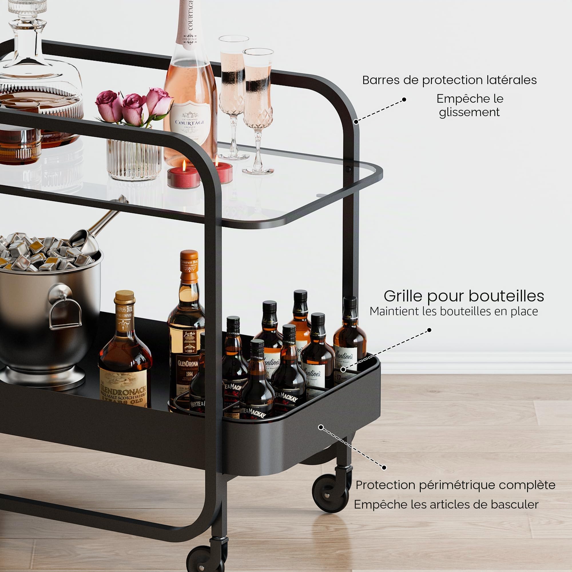 Chariot de Bar 2 Niveaux, Table Roulante pour Boissons avec Plateau en Verre Trempé et Porte-Bouteilles, Bar Roulant avec Roues Freinables, Chariot de Rangement pour Cuisine, Salon, Noir