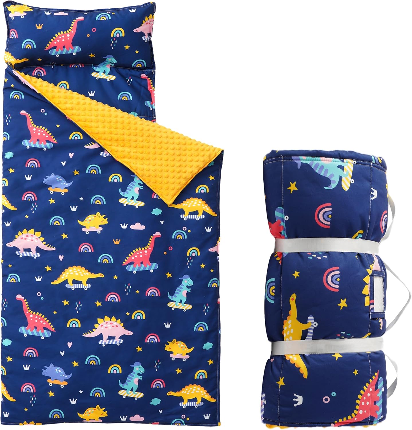 Bunnikins & Clover Toddler Nap Mat with Removable Pillow, Nap Mats for Preschool, Easy Clean Toddler Nap Pad for Kindergarten, Kids Sleeping Bag for Travel Camping Rainbow&Dinosaur