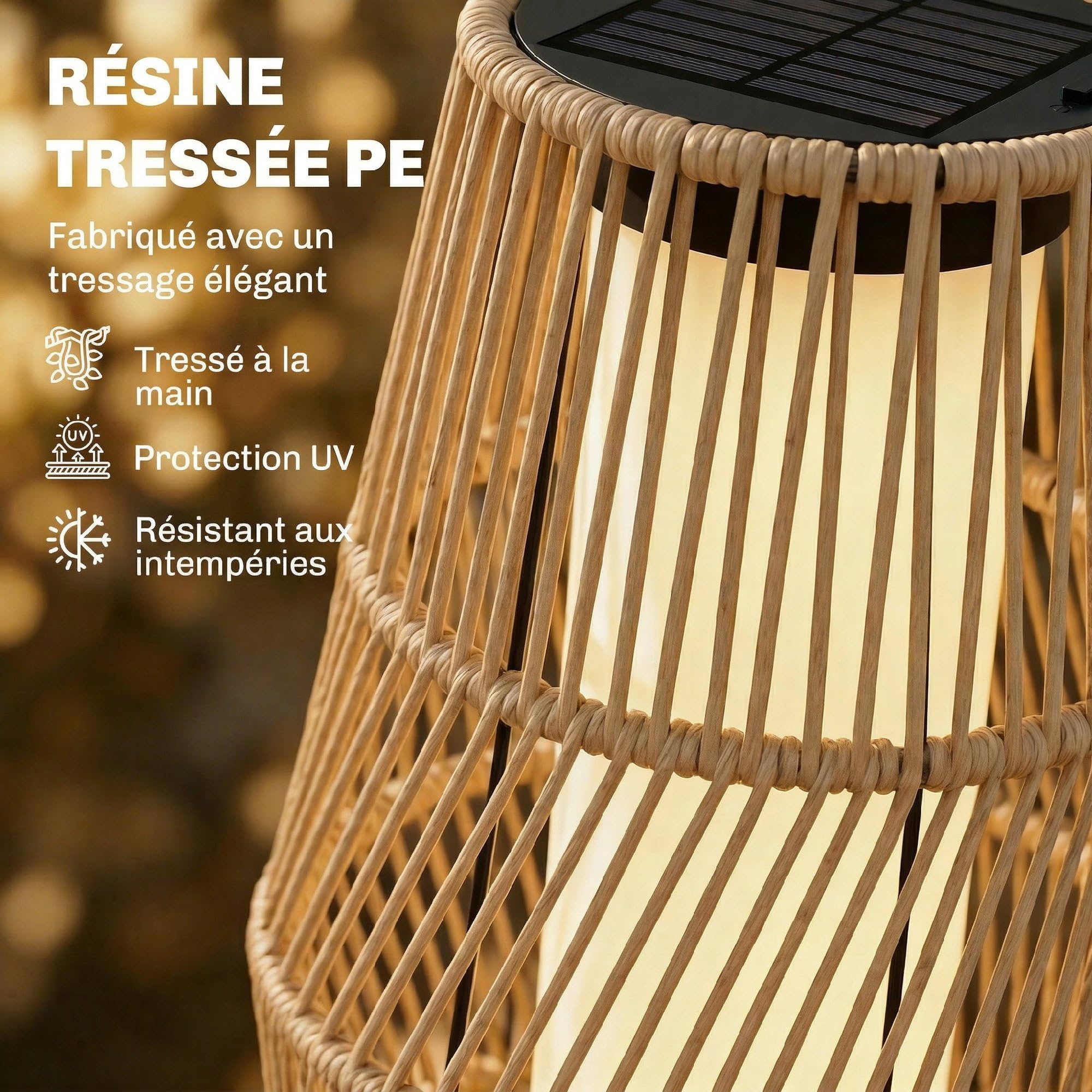 Outsunny Lanterne Solaire Extérieure en Résine Tressée avec Capteur de Lumière, Lampadaire LED Extérieur, 26x26x68cm, Sable