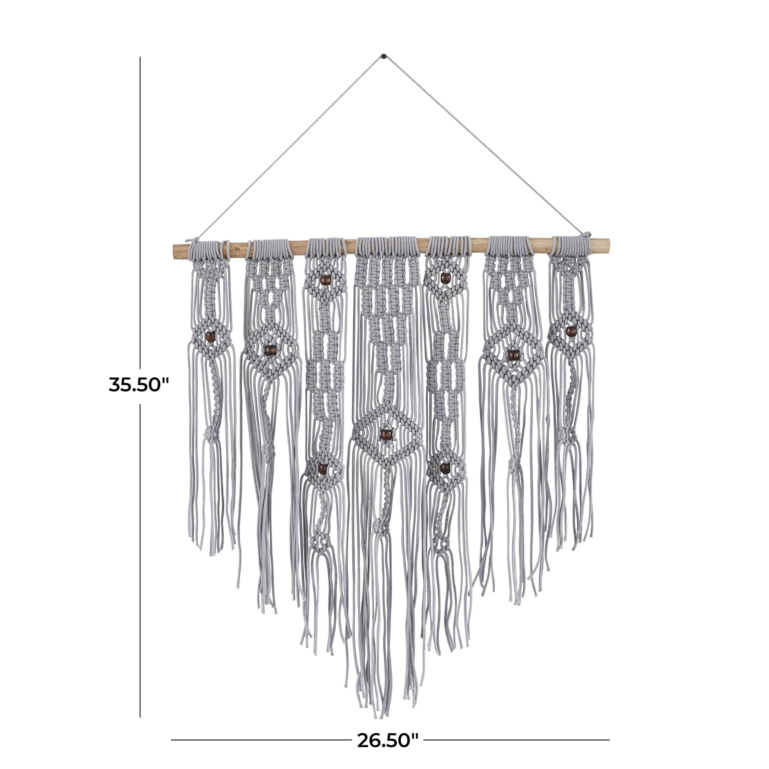 Deco 79 Algodón macramé intrincadamente tejido pared decoración colgante de pared con borlas de flecos de cuentas, 61 x 36 cm, gris