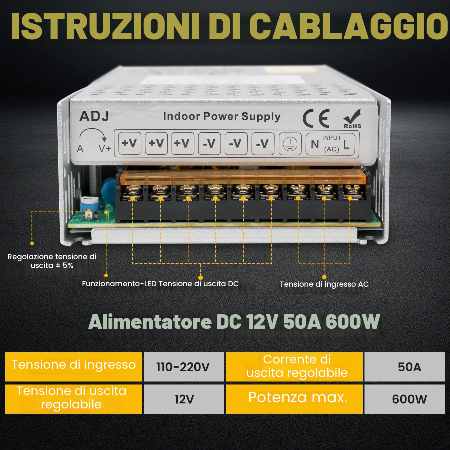 DC 12V 50A 600W Alimentatore Trasformatore 220V AC a DC 12V Convertitore 50A 600W Alimentatore Adattatore per 12Volt Pompa CCTV Telecamera Sicurezza Auto Stereo Stampante