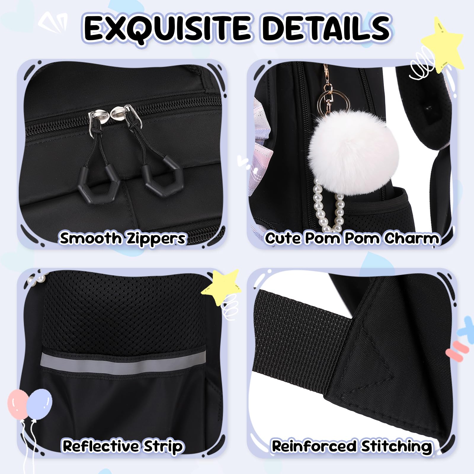 Amythe Schultasche Mädchen Set 3-teilig Schulrucksack mit Lunchtasche Federmappe Schwarz