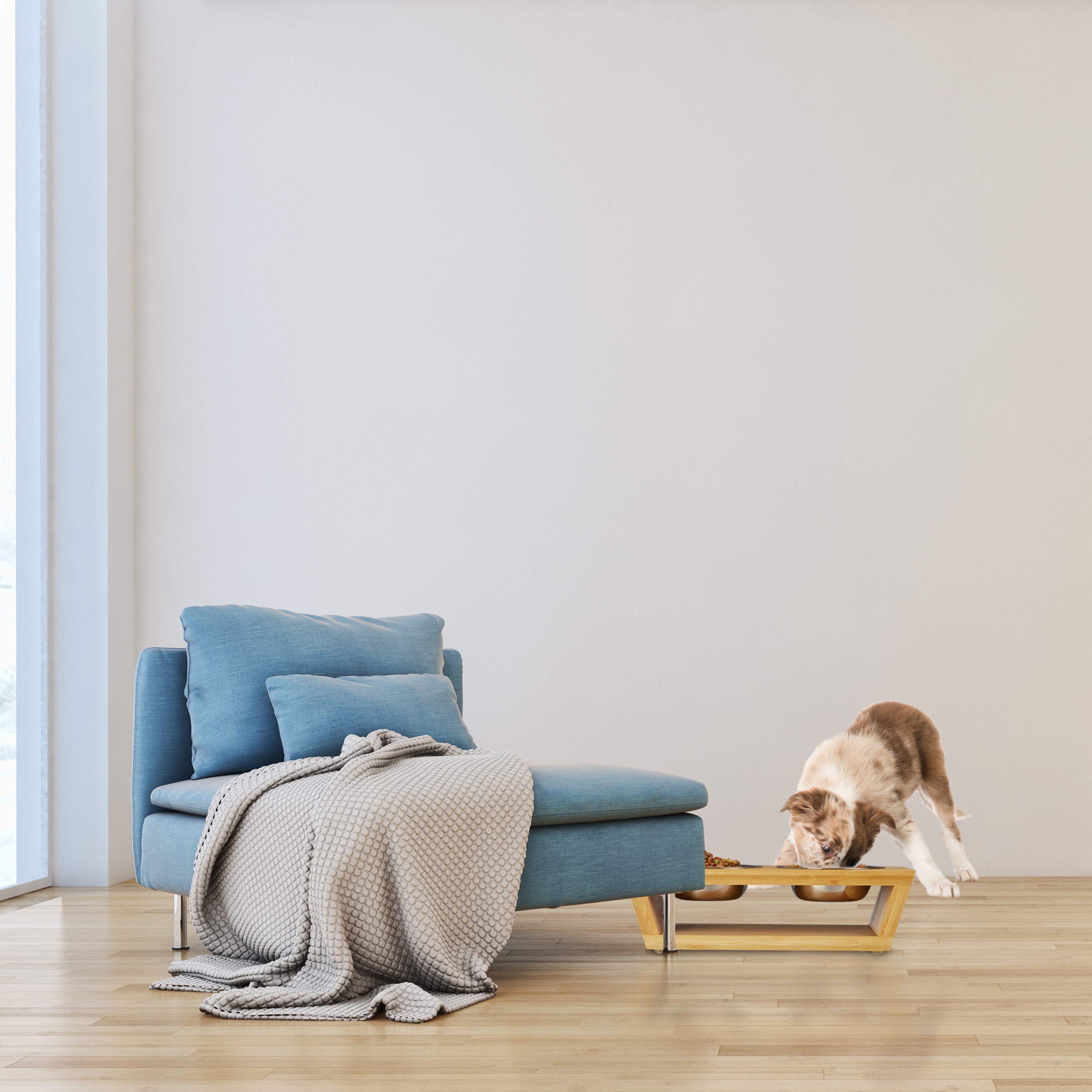 Relaxdays Ciotole per Cani e Gatti, Scodelle per Animali, in Bambù e Acciaio Inox, Lavabile, Argentato Marrone Naturale