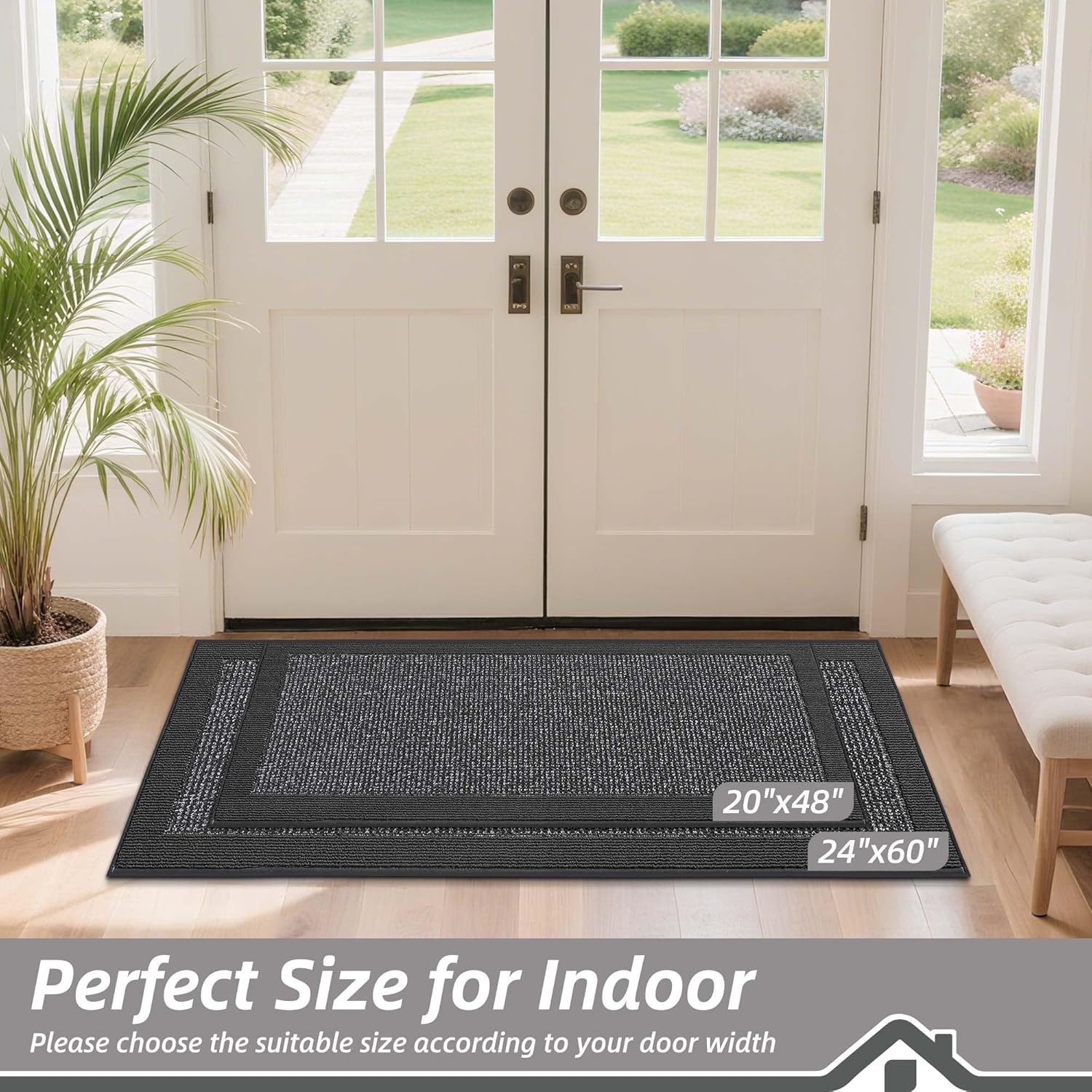 BEQHAUSE Indoor Door Mat 20" x 48", Dirt Trapper Door Mats Non-Slip Entryway Rugs Washable, Resist Dirt Absorbent Welcome Mat, Low Profile Floor Mats for Front Back Door and Entryway, Charcoal