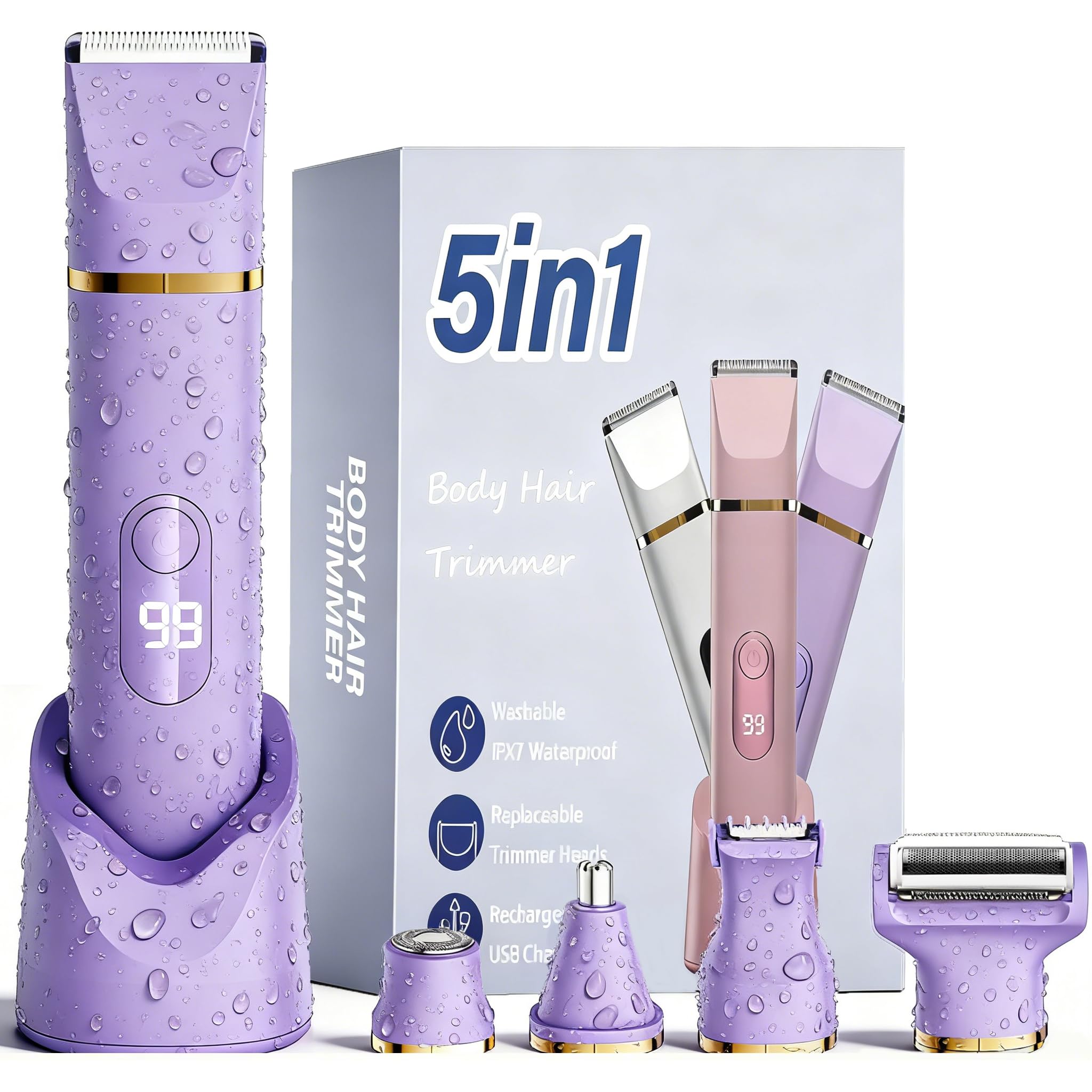 5 en 1 Rasoir Electrique Femme, Tondeuse Maillot humide/sèche, étanche IPX7, Tondeuse Femme Intime pour le visage, les aisselles, les jambes, les bras et le maillot (Violet)