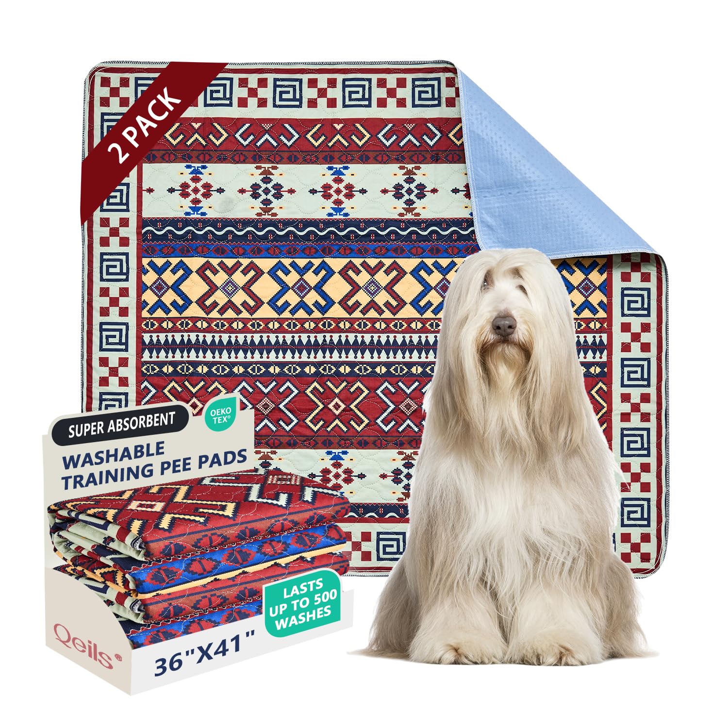 Qeils Washable Pee Pads, Super Absorbent Puppy Pads, 2 Pack 36"x41"