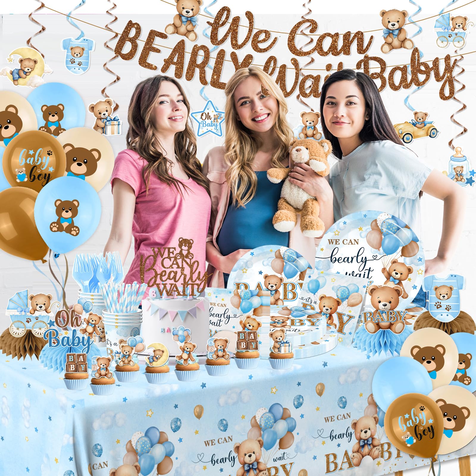 Blue Bear Baby Shower Decorations,219Pcs Baby Shower Tableware Set Banner, Plates and Napkins, Tablecloth, Cake Toppers, Honeycomb Balls for Boy Neutral Bear Themed Party Decorations Severs 24