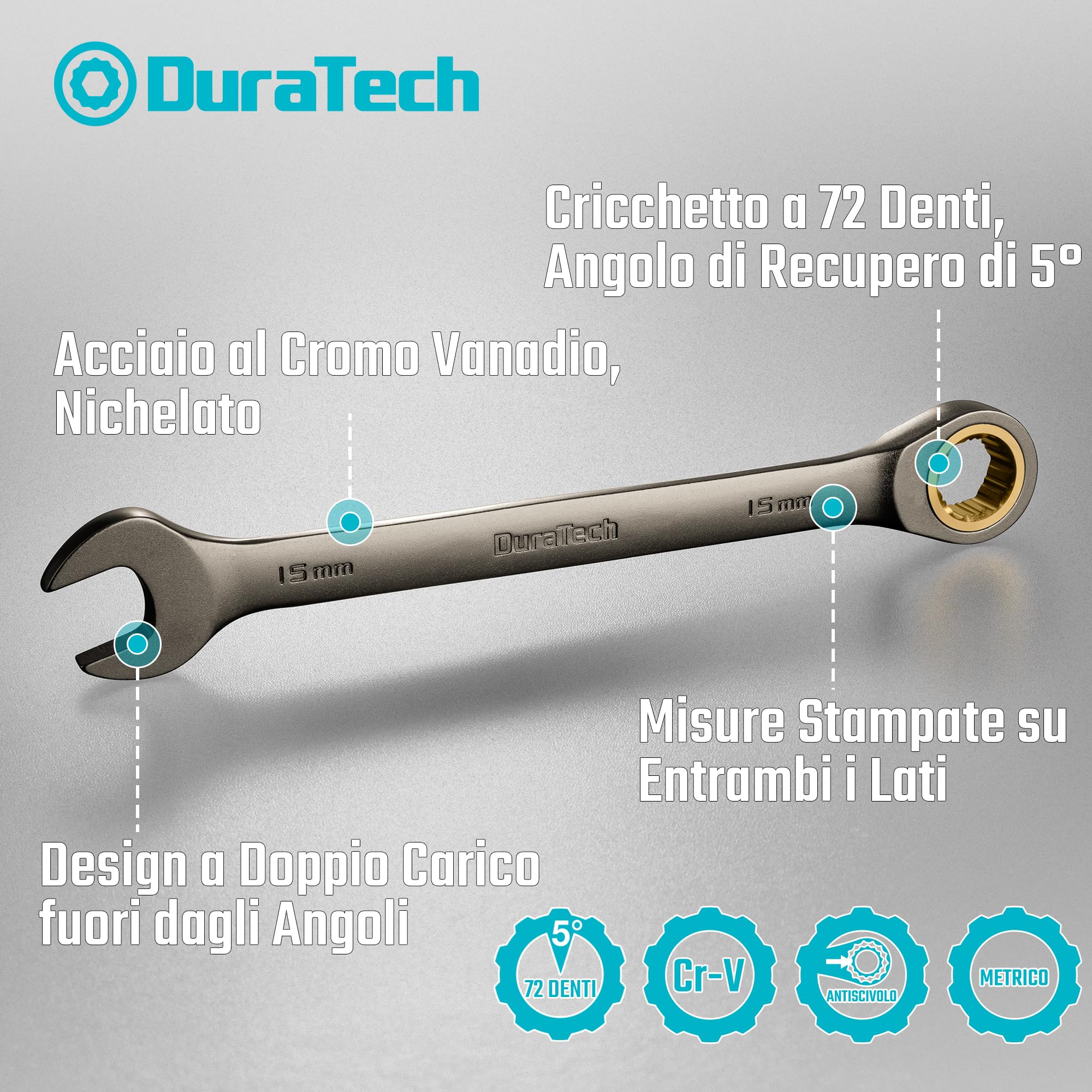 DURATECH Set di 10 chiavi combinate a cricchetto antiscivolo, metriche 6-18 mm, 72 denti, nichelate, in acciaio CR-V, con custodia