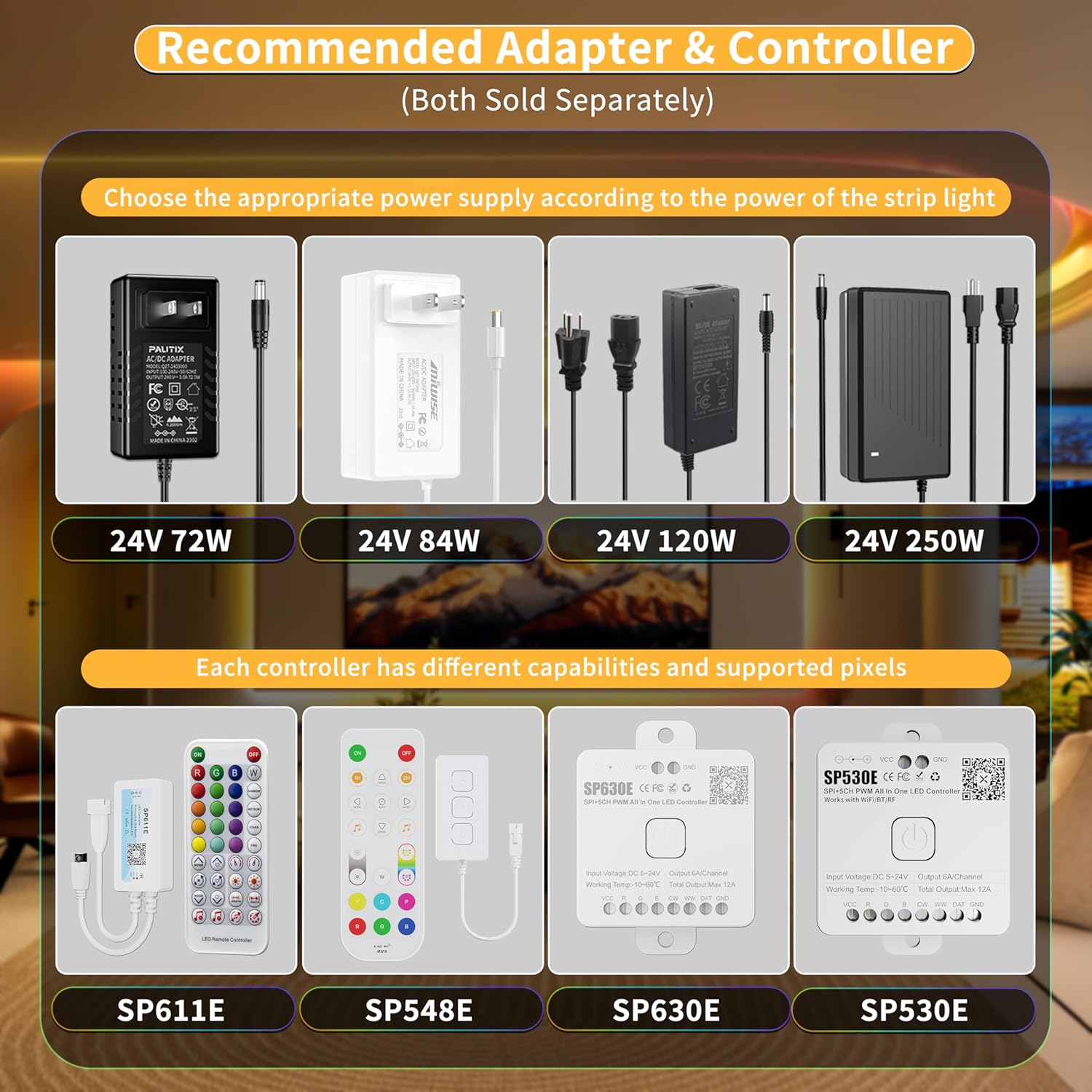 Image showing various compatible 24V power adapters and different controller models (SP611E, SP548E, SP630E, SP530E).