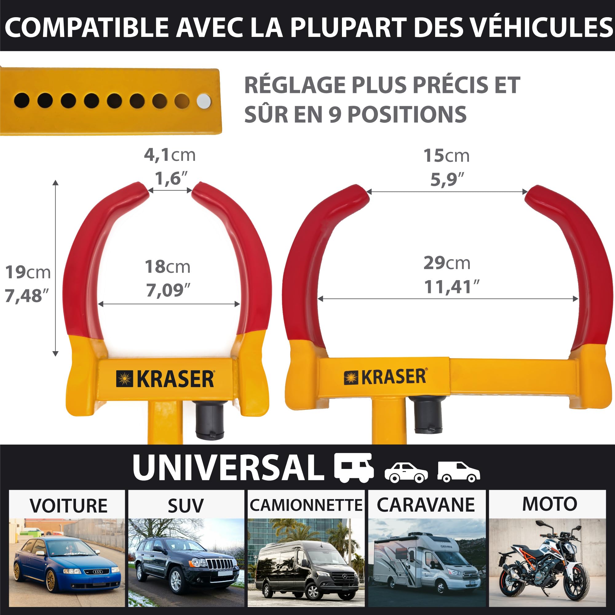KRASER WA820 Antivol Voiture Sabot Roue, N1 Allemagne, Haute Sécurité Serrure Anti-Perçage, Antivol Caravane Visible Dissuasif, Blocage Anti vol Universel Réglable 18-29 cm Auto, Camping Car, Remorque