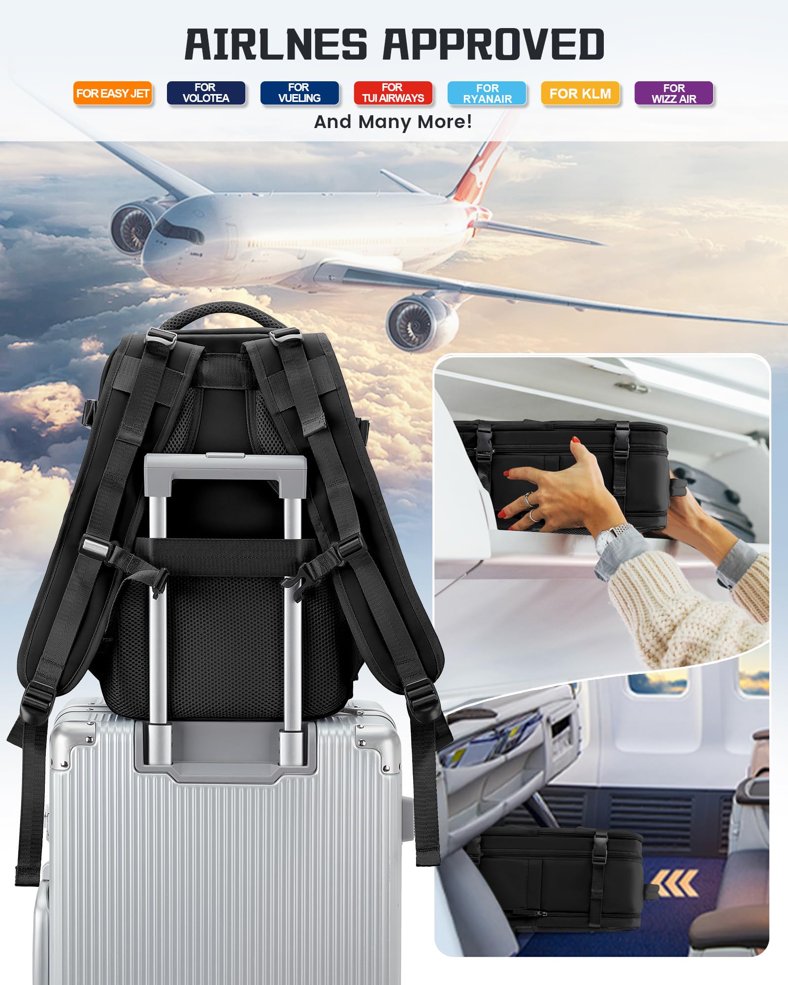 SZSYCN Bagaglio A Mano 40x20x25 Ryanair Borse da Cabina per Easyjet 45x36x20,Zaino Sottovuoto Viaggio,Zaino impermeabile da viaggio con scomparto,adatto per zaino laptop da 14 pollici