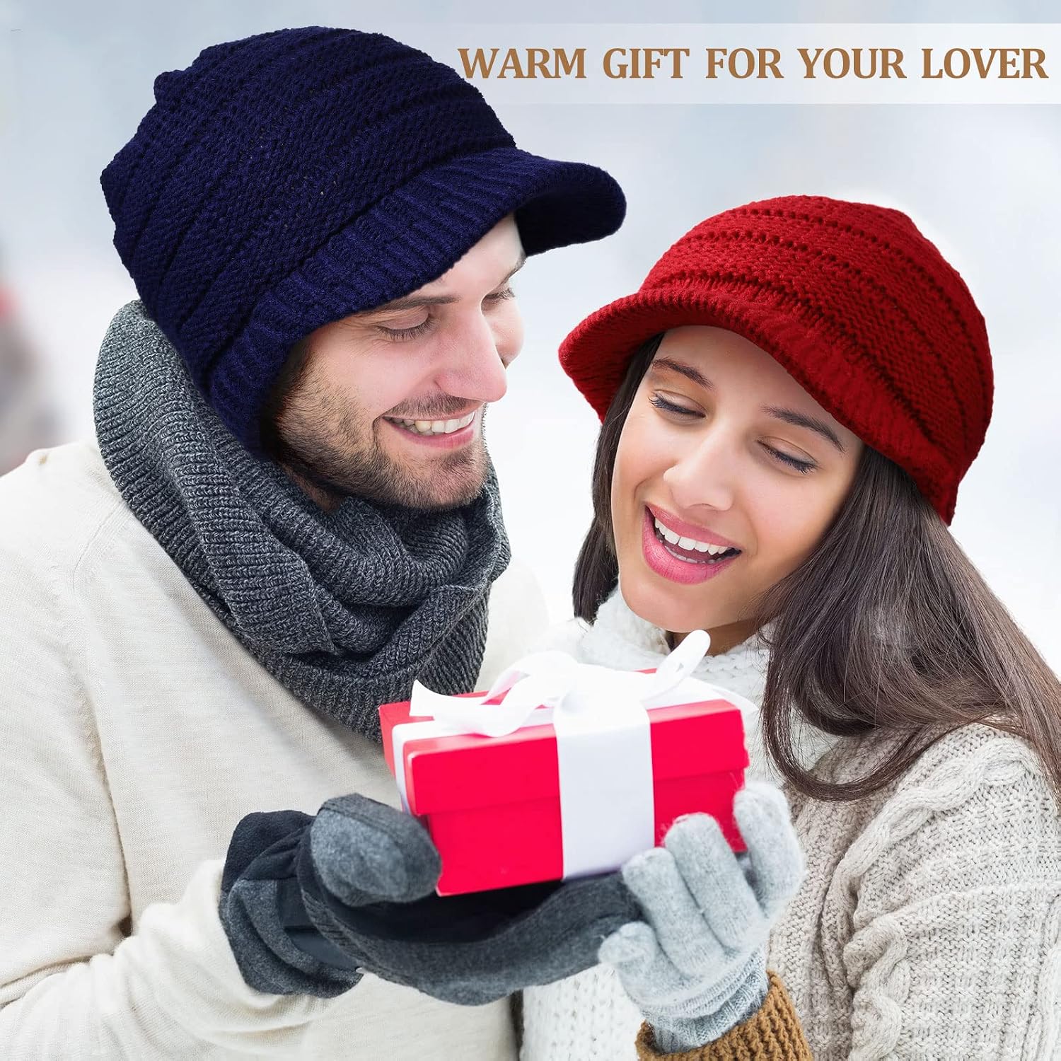 SATINIOR 2/3/4 Pack Women's Winter Hats Warm Billed Beanie Hats Ribbed Slouchy Knit Ski Cap with Visor Brim Newsboy Skull Cap(Navy, Beige, Wine Red,3 Pieces)