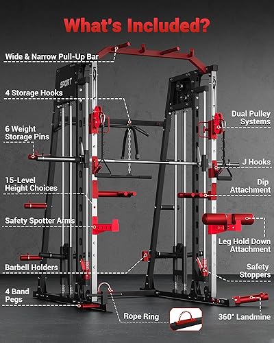 Miniatura 3 de GarveeLife Smith Machine - Gimnasio en casa todo en uno, jaula de potencia para sentadillas de 2200 libras con barra Smith, tracción LAT, sistemas