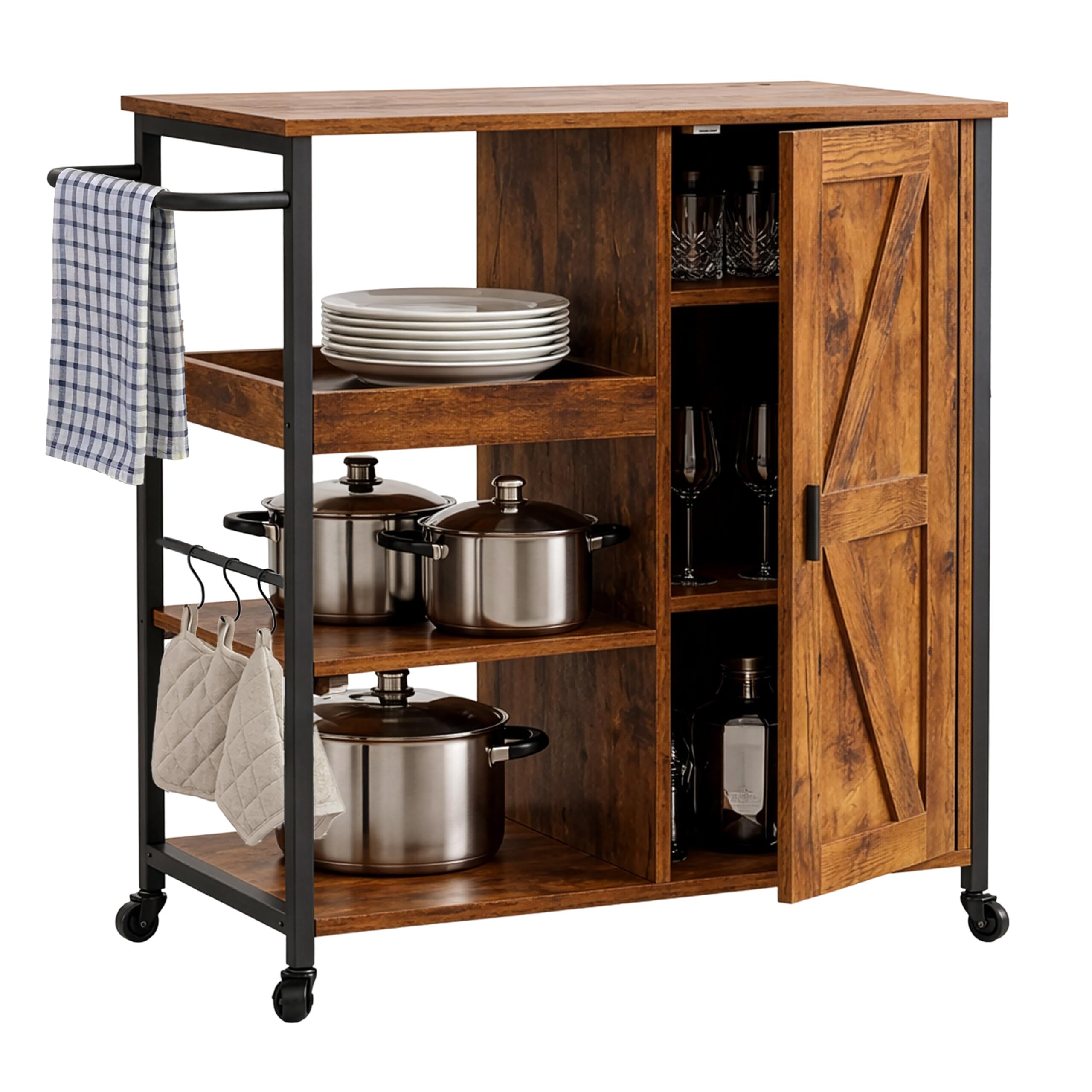 Relaxdays Servierwagen mit Schrank, 4 Etagen, HBT 85x80x37 cm, Industrial, Küchenwagen mit Rollen & Haken, schwarz/braun