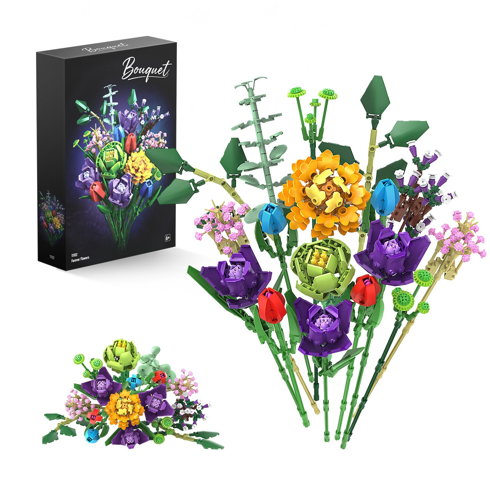 QiqoPoyee Flower Bouquet Building Blocks Set, 16Pcs Artificial Flowers Set for Adults, Botanical Collection Home Office Decor, Valentine's Day, for Women Men