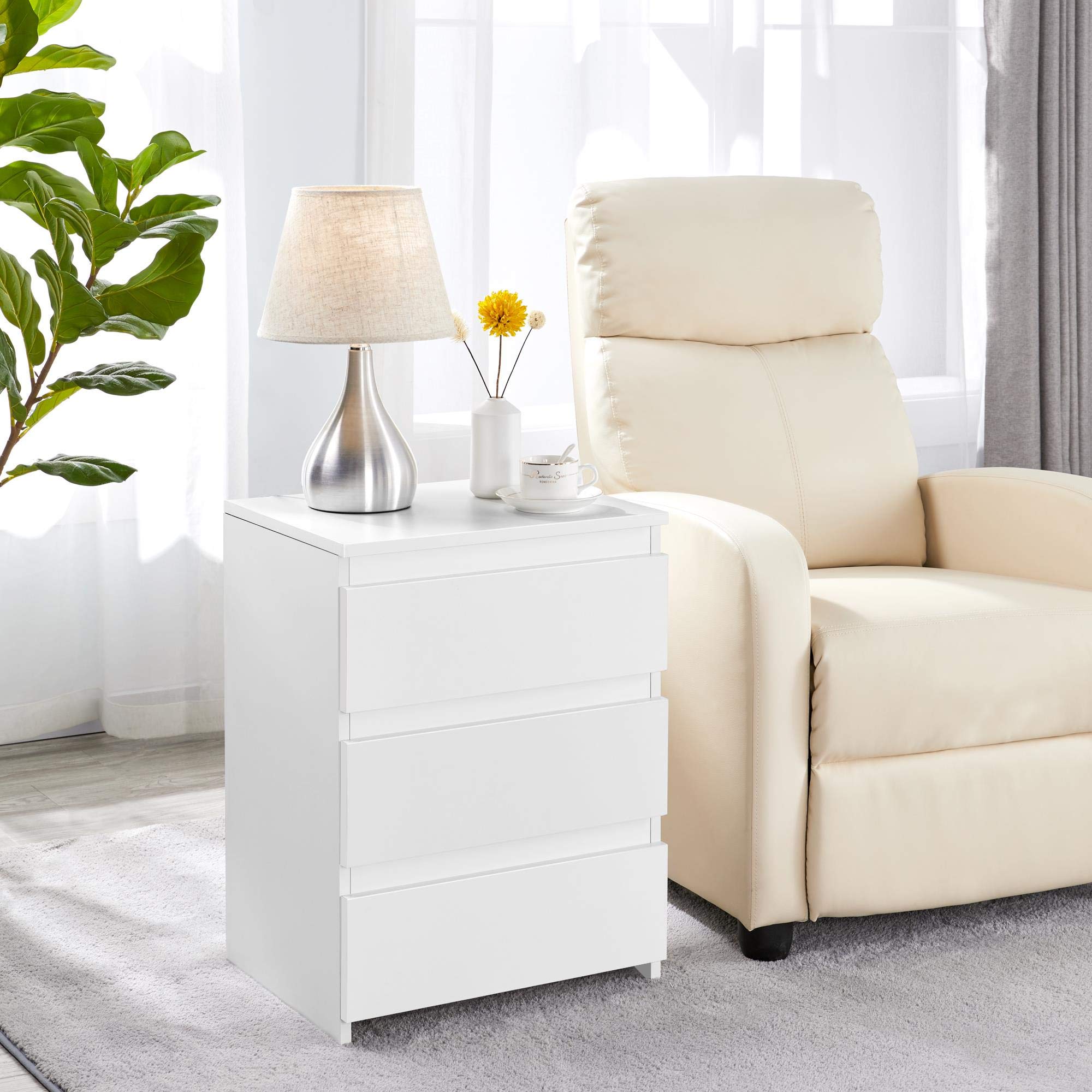 Yaheetech Nachttisch Boxspringbett Nachtschrank Nachtkommode mit 3 Schubladen Schlichter Beistelltisch Sofatisch Schubladenschrank für Schlafzimmer/Wohnzimmer, Weiß