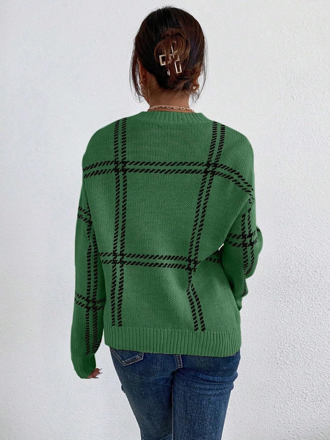 Women's Pullover Knit Sweater Plaid Crew Neck Long Sleeve Knitted Cute Trendy Cozy Sweaters for Fall and Winter - Image 4