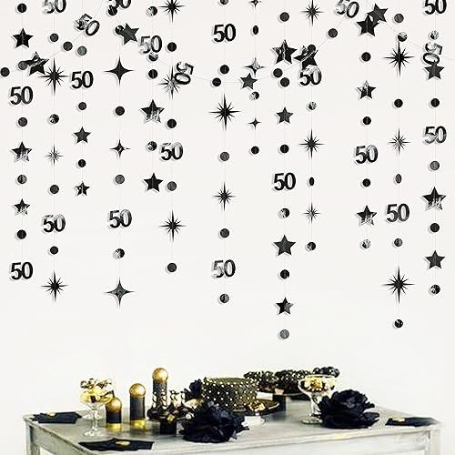 Miniatura 3 de Decoraciones negras de cumpleaños número 50, guirnalda de estrellas centelleantes con el número 50, guirnalda metálica para colgar en banderines