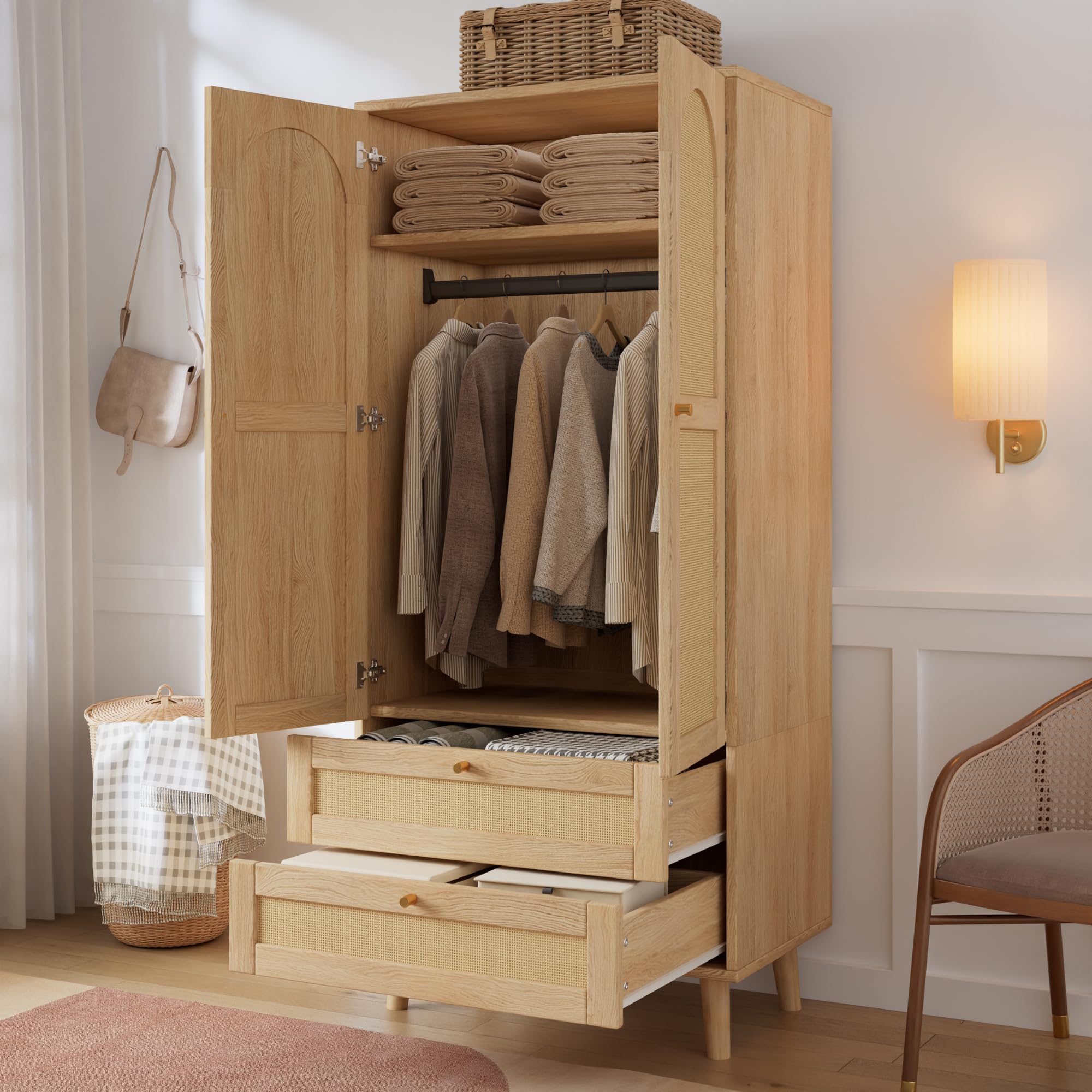 Armario de madera natural multiusos con diseño de ratán, barra para colgar ropa, estantes y 2 cajones, armario moderno para dormitorio, pasillo y vestidor