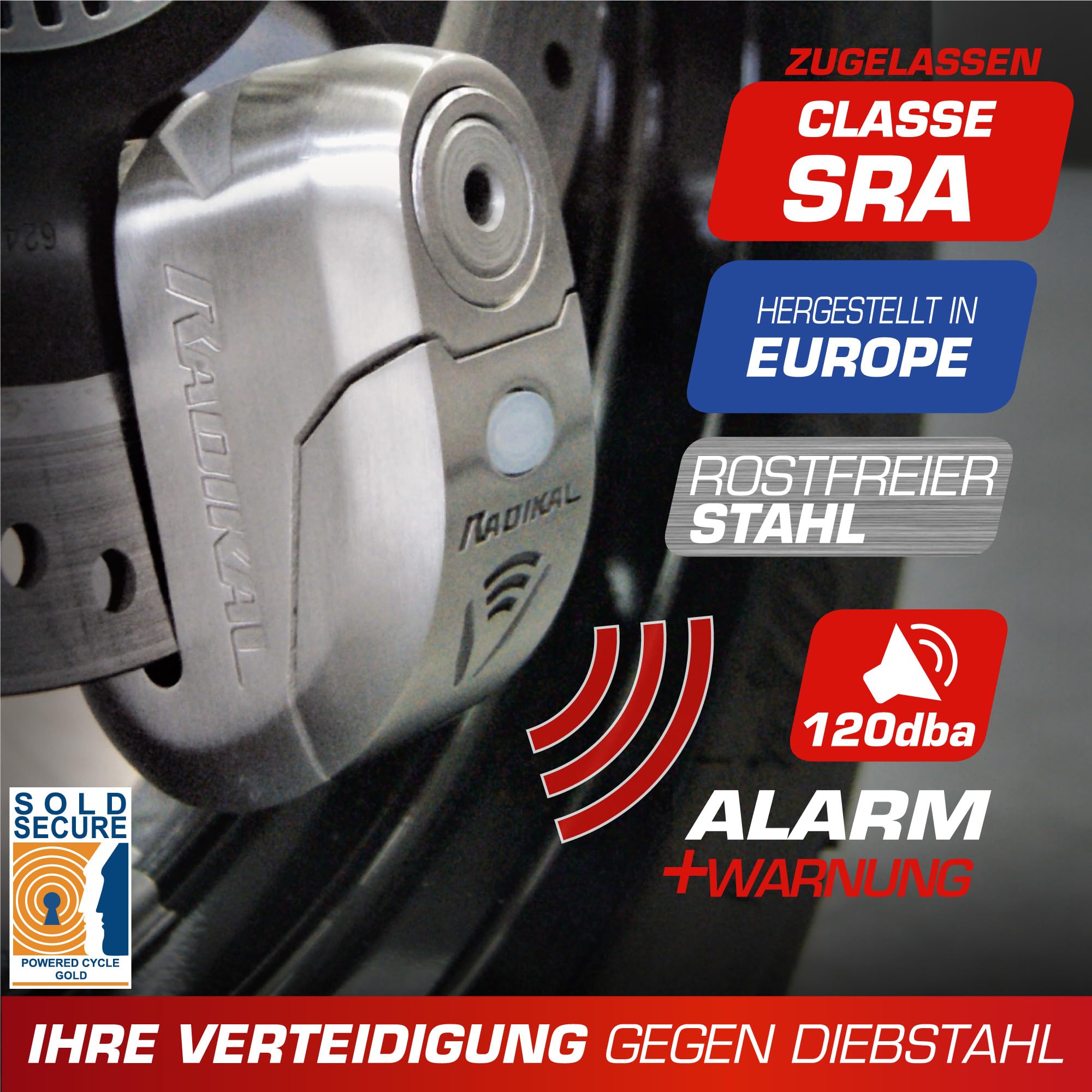 RADIKAL RK14S Bremsscheibenschloss Premium mit Alarm | Aktivierung nach Wahl, 120 dB, LED Warnung Voralarm | Motorrad Schloss SRA-Zertifiziert, aus Edelstahl, Doppelverriegelung Ø14, INOX