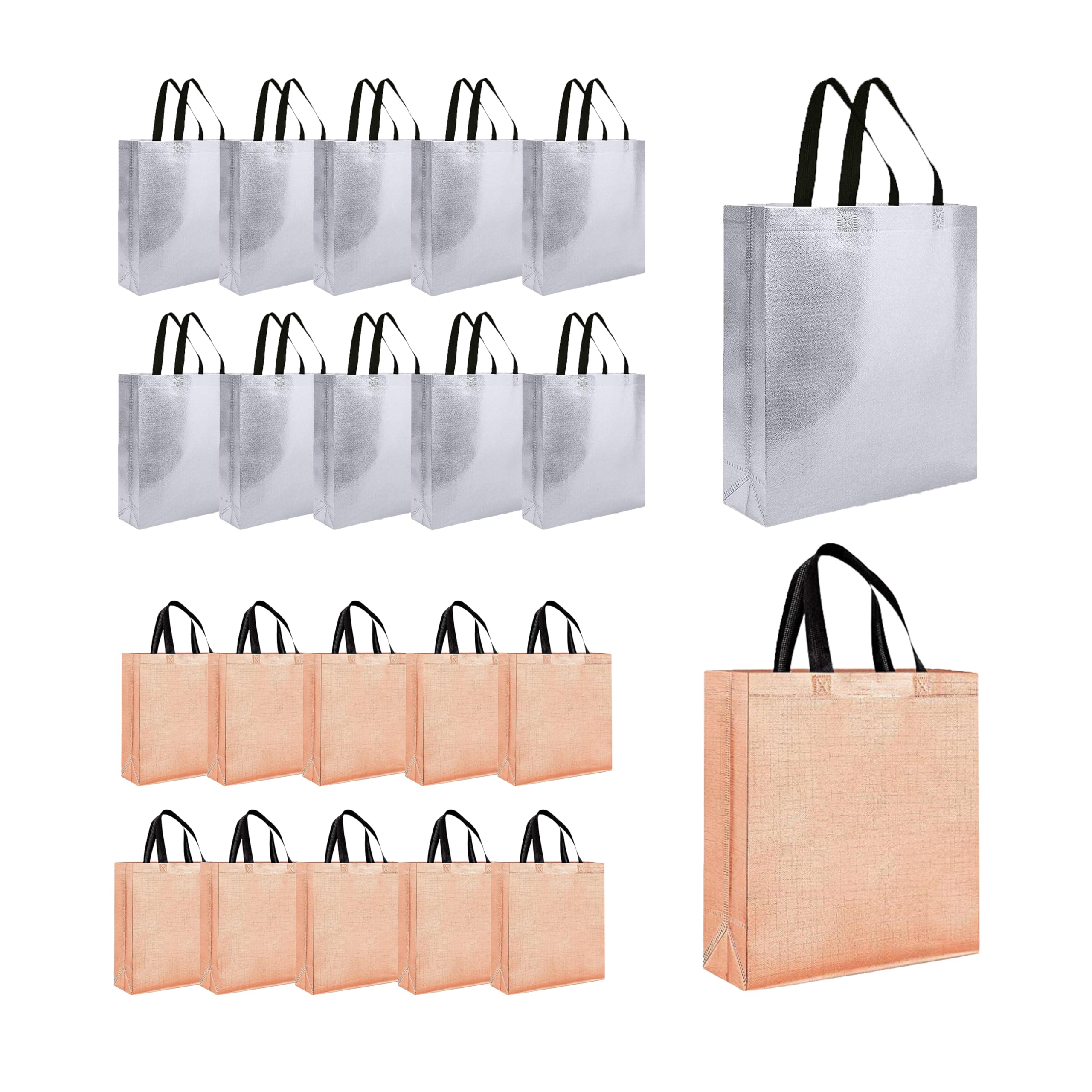Evafly Gift Bag Medium Size Pack of 20 : L13 x W12 x D4 inch|Resuable Non-Woven Shiny Metallic Laminated|Return Gift For Haldi/Wedding Favours/Baby Shower/Birthday - Silver + Rosegold