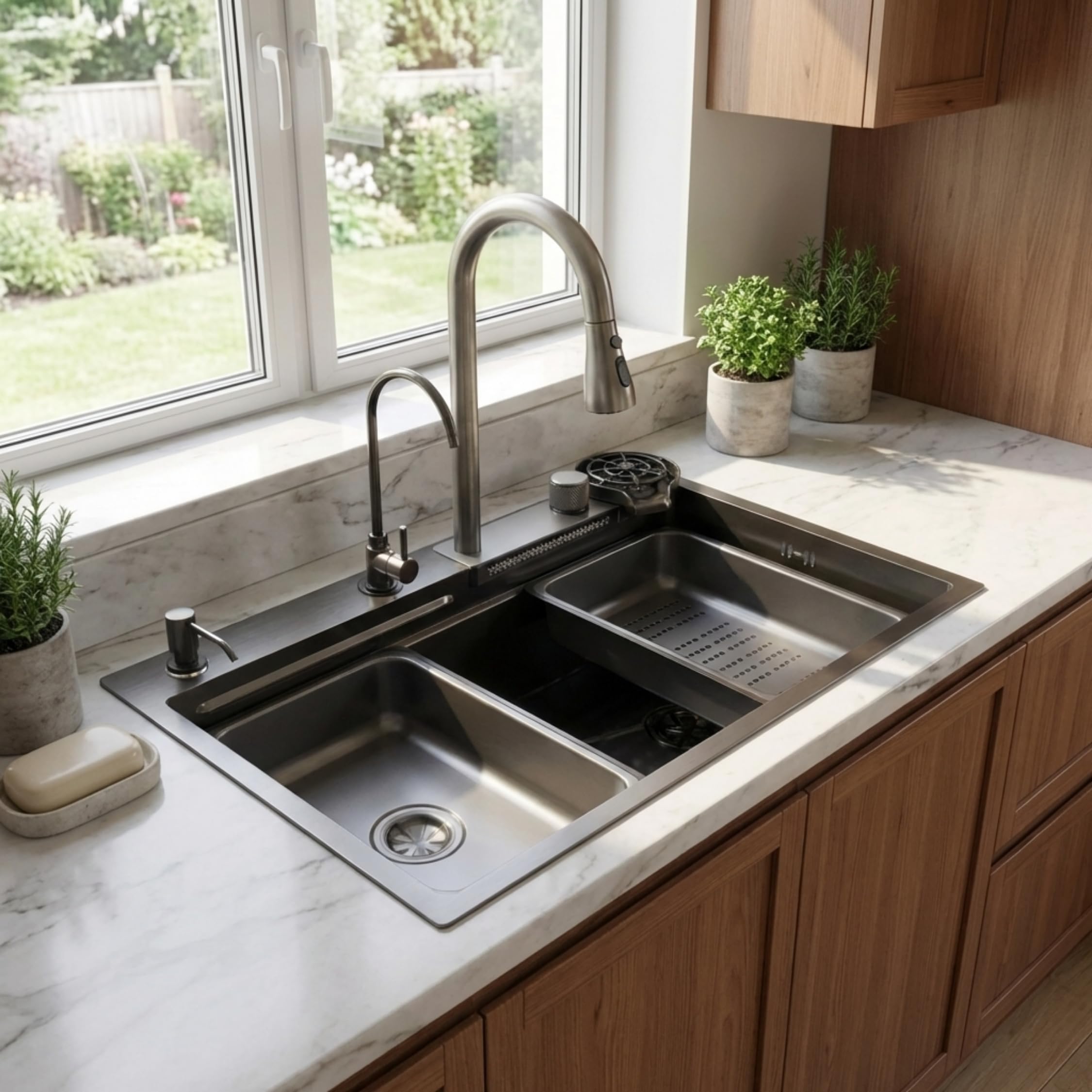 Gloxy Premium SS 304 Nano Single Bowl Smart Kitchen Sink 30x18X9 Inches - Black Matt FInish Multifunction Sink With Integrated Waterfall - Anti Scratch Honeycomb Design with Pull Down Faucet-image-36