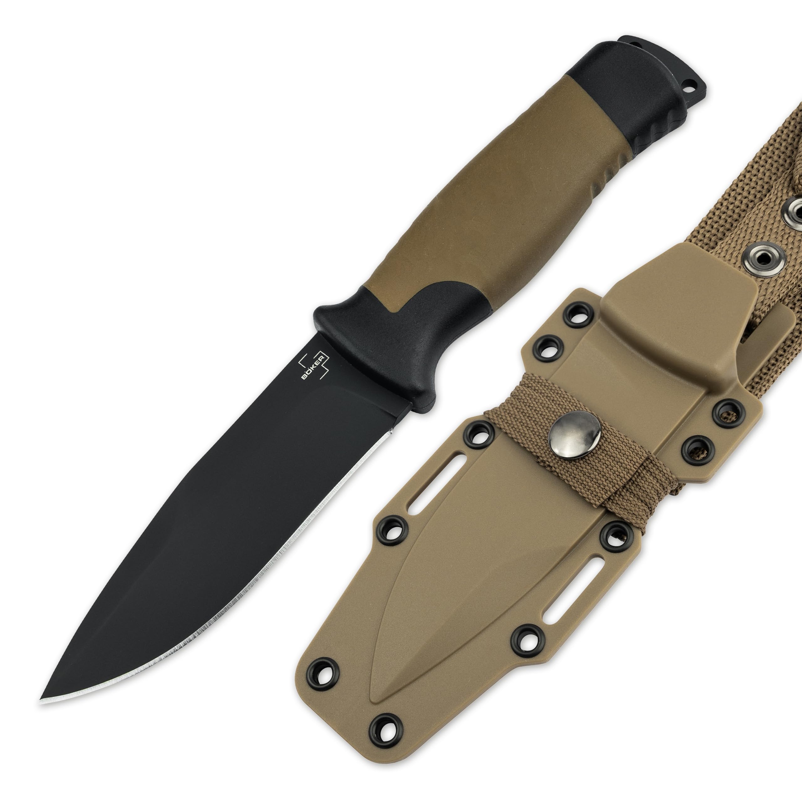 BÖKER PLUS® Desertman - feststehendes Fahrtenmesser mit 11,5 cm schwarzer Sandvik Klinge - Spearpoint Outdoor-Messer mit GFK & TPR Griff in KU-Scheide für Pfadfinder