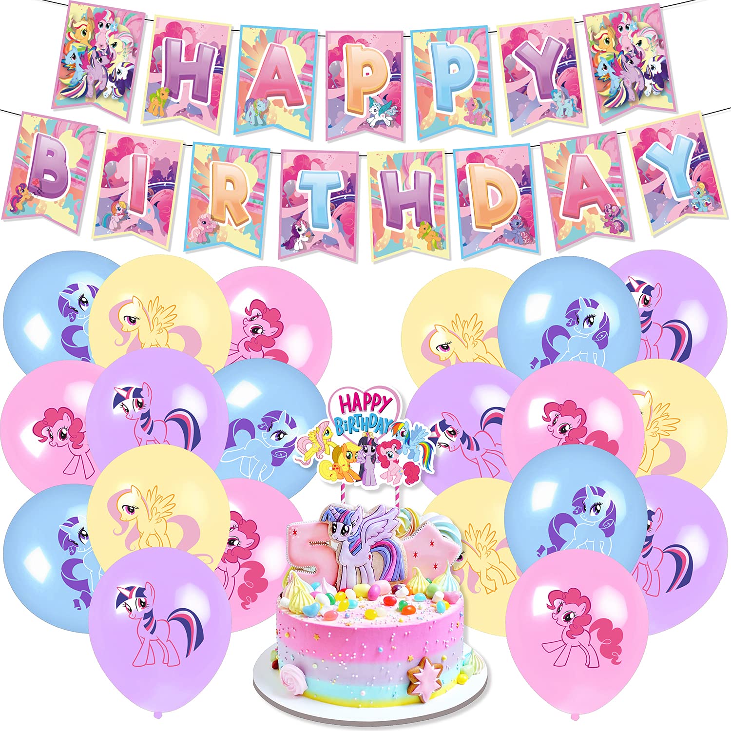 My Little Pony Birthday Party Supplies,My Little Pony Birthday Decorations  Set, Includes Happy Birthday Banner，Cake Topper，Birthday Balloons For Girls